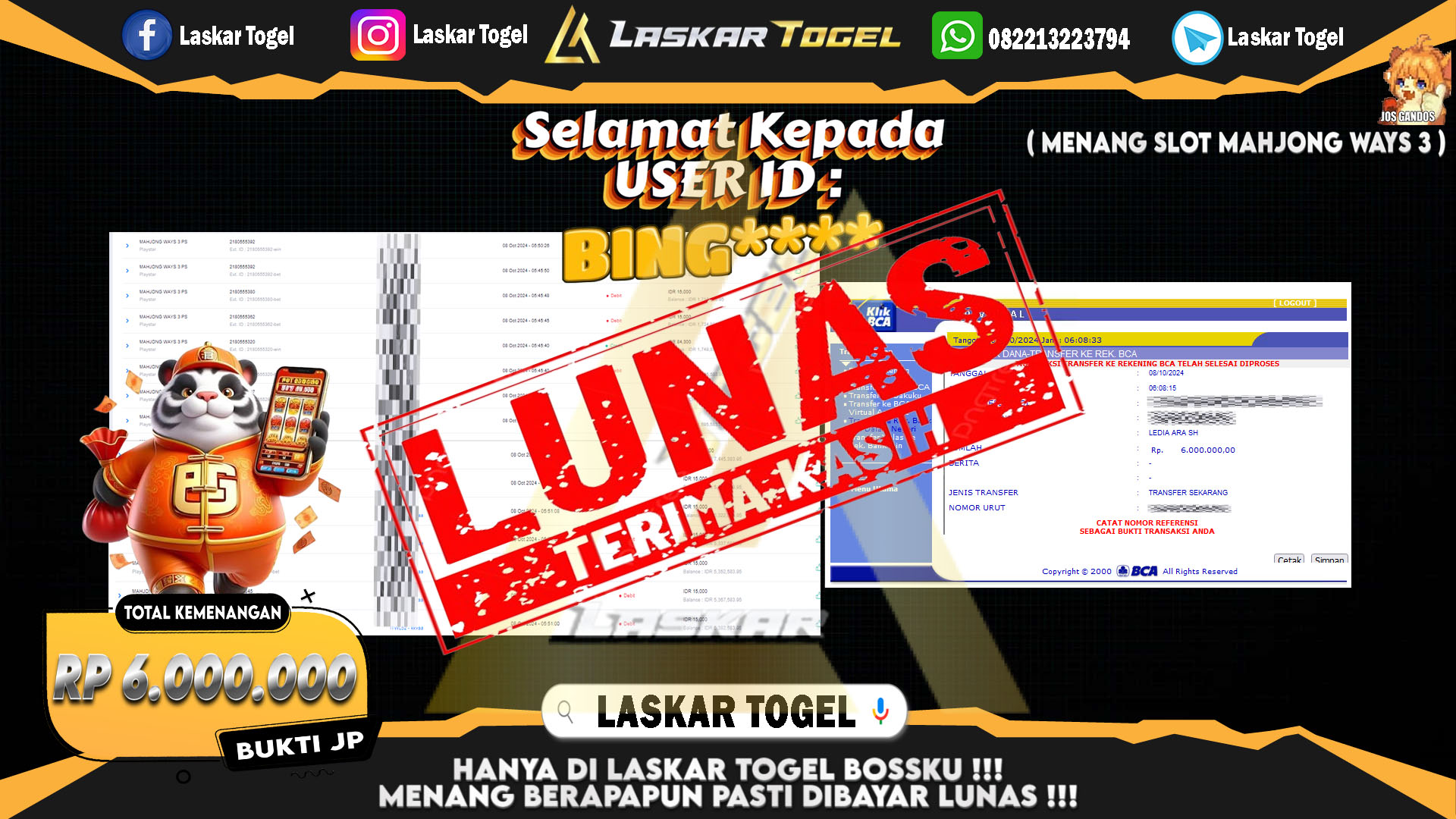 LASKARTOGEL JACKPOT SLOT MAHJONG WAYS 3 Rp.5.000.000.,- LUNAS