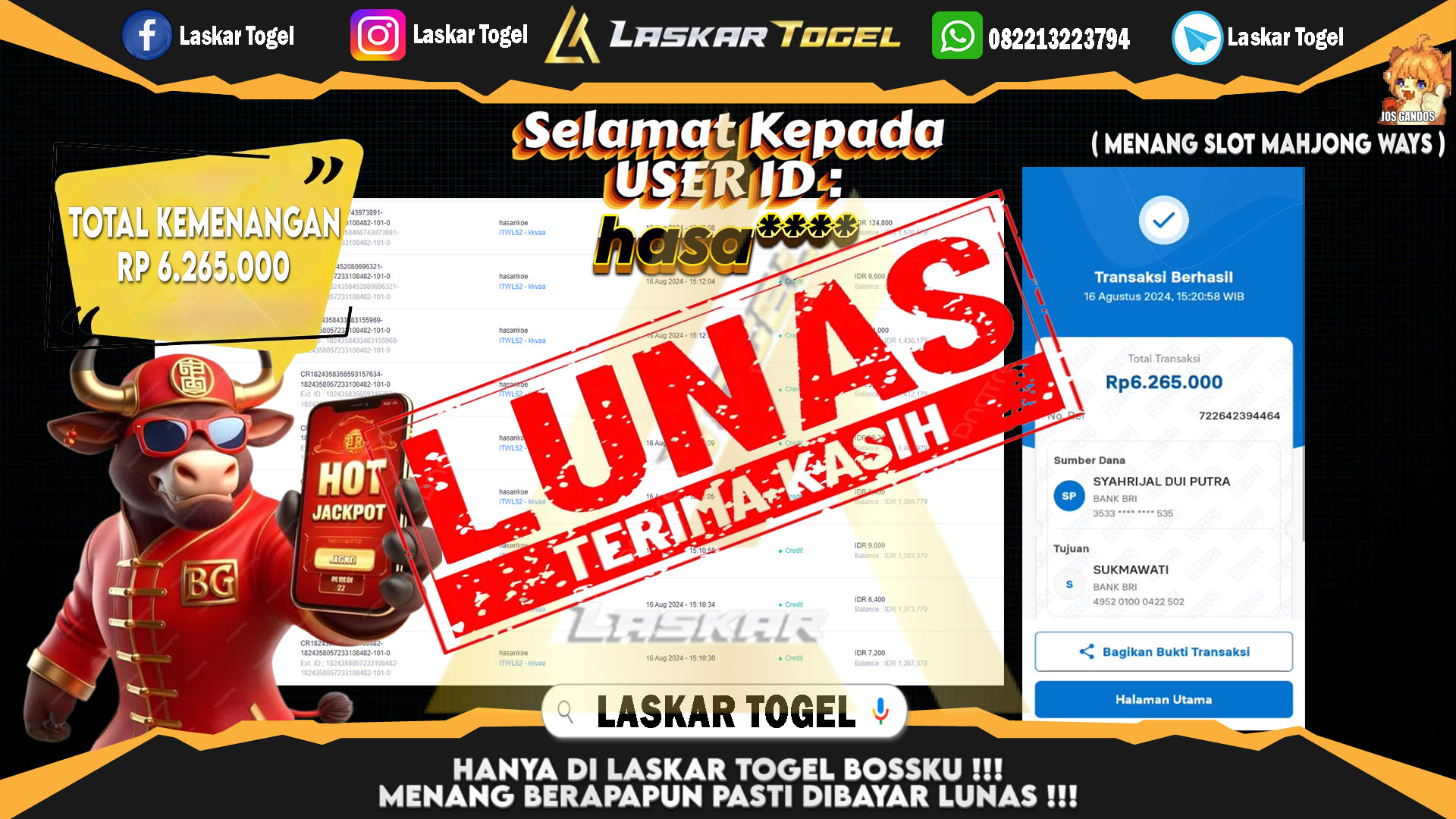 LASKARTOGEL JACKPOT TOGEL TOTO MACAU Rp.5.000.000.,- LUNAS