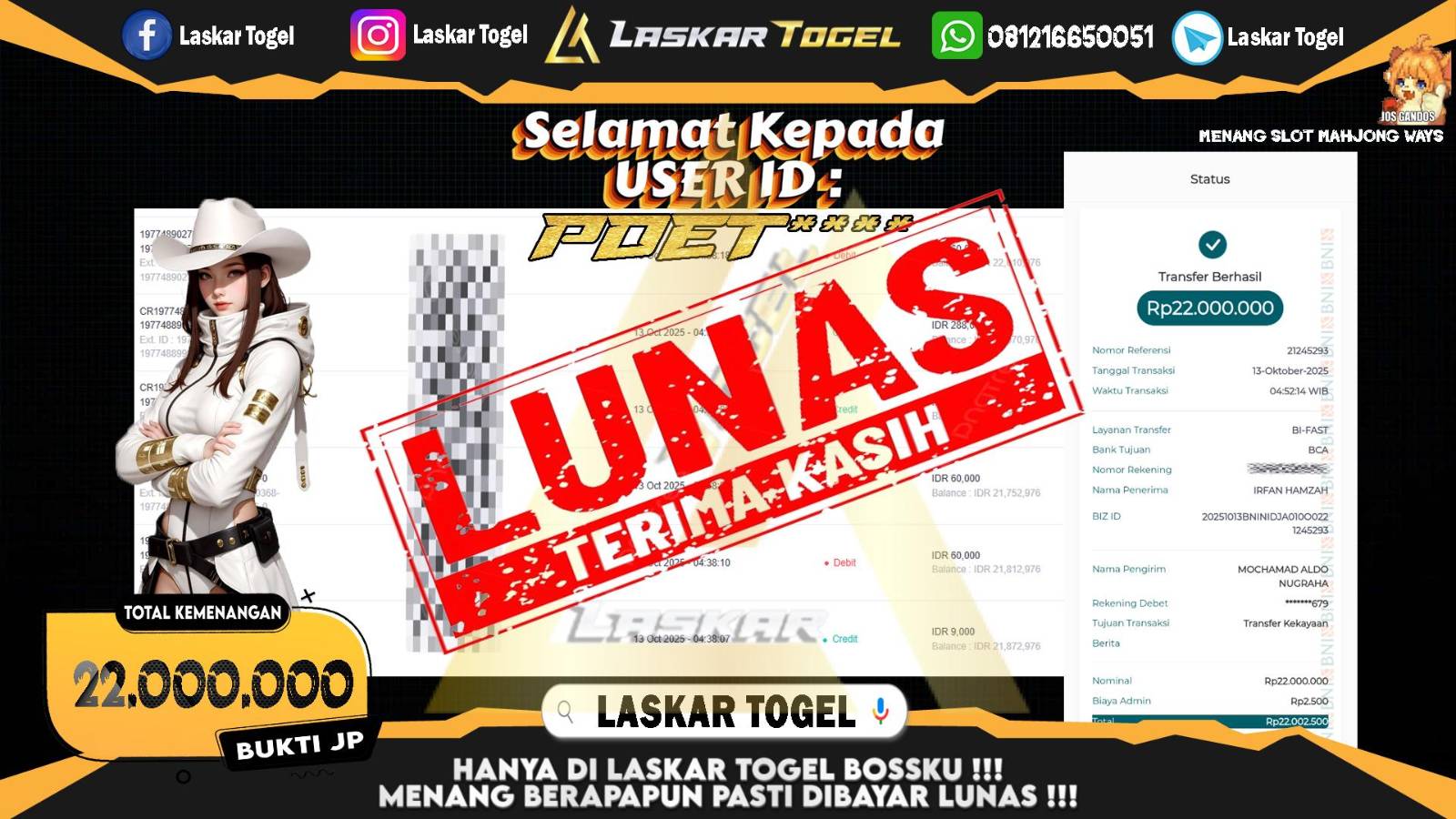 LASKARTOGEL JACKPOT SLOT MAHJONG WAYS Rp.22.000.000,- LUNAS