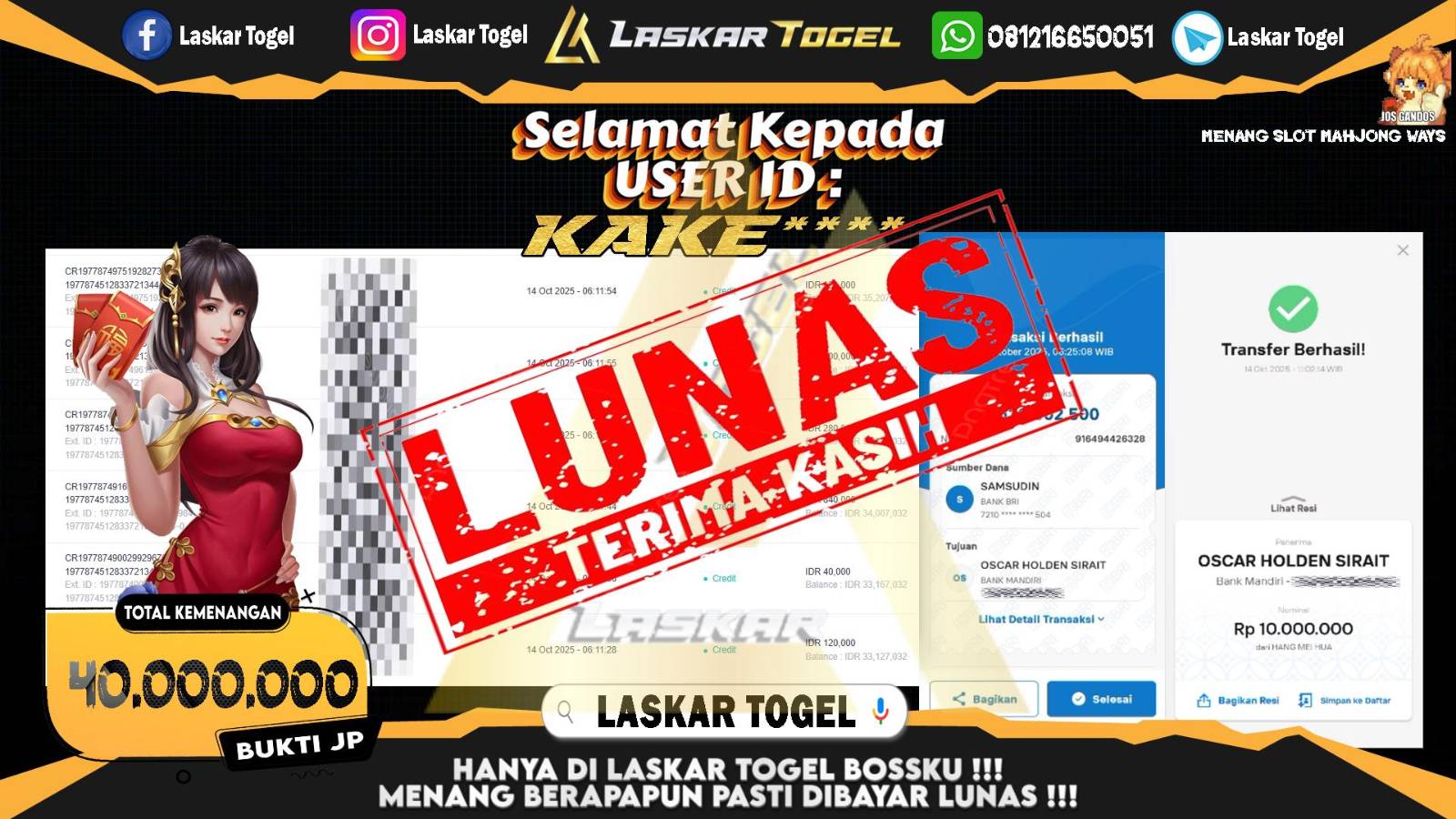 LASKARTOGEL JACKPOT SLOT MAHJONG LASKAR Rp.40.000.000,- LUNAS