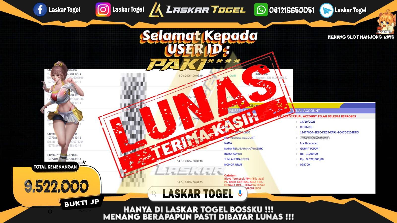 LASKARTOGEL JACKPOT SLOT MAHJONG WAYS Rp.9.522.000,- LUNAS