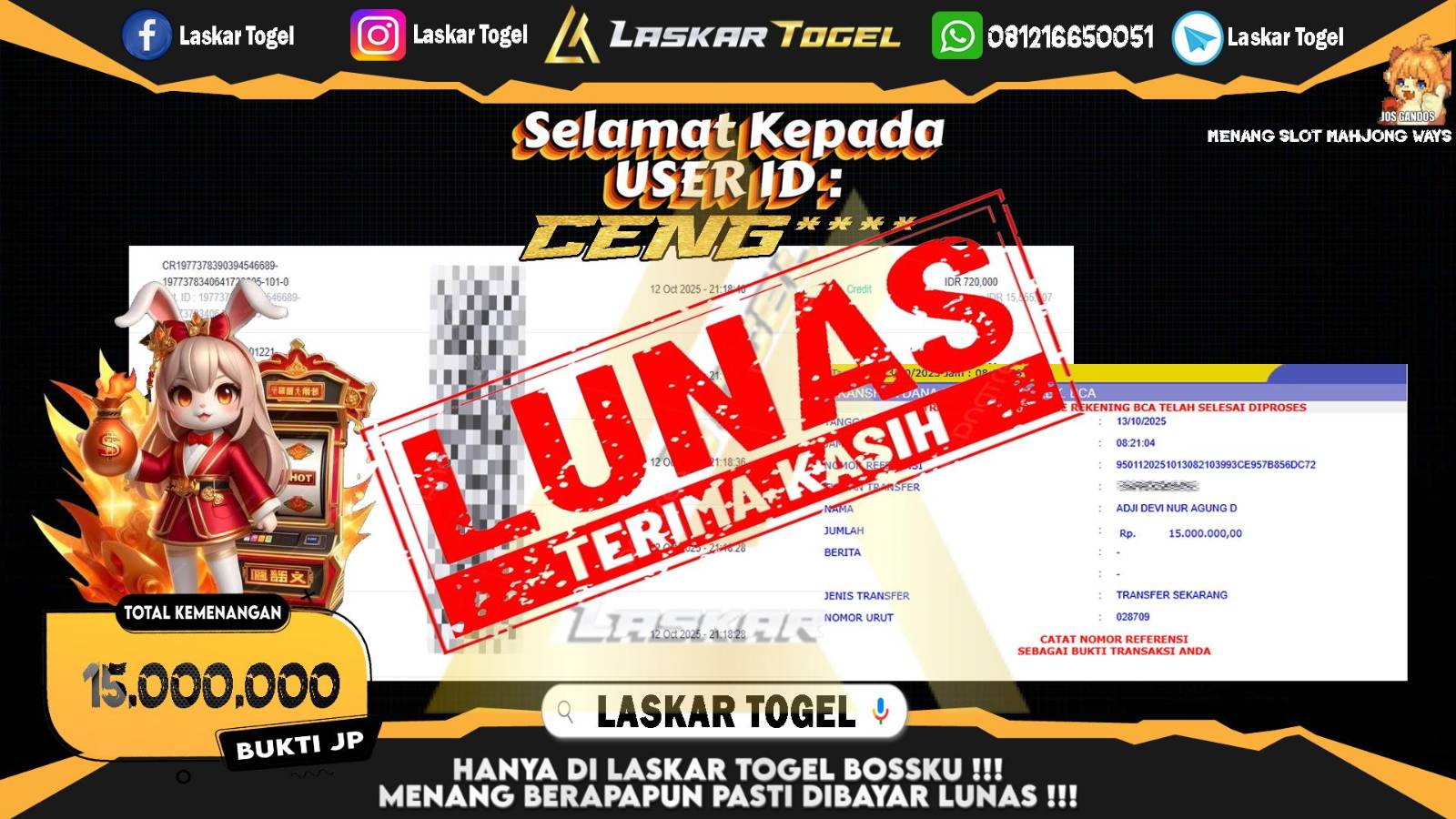 LASKARTOGEL JACKPOT SLOT MAHJONG WAYS Rp.15.000.000,- LUNAS