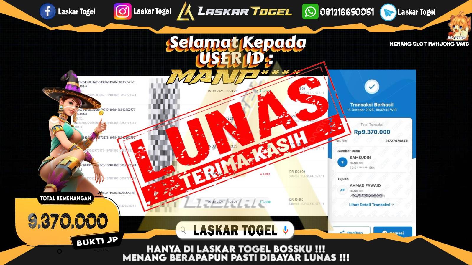 LASKARTOGEL JACKPOT SLOT MAHJONG WAYS Rp.9.370.000,- LUNAS