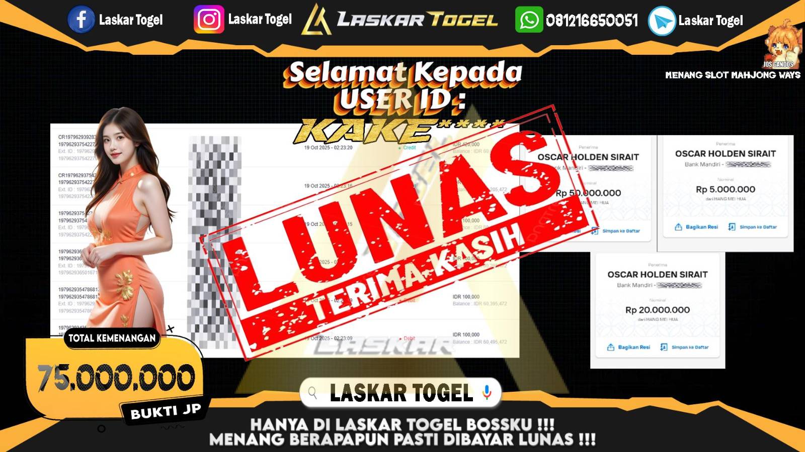 LASKARTOGEL JACKPOT SLOT MAHJONG WAYS Rp.75.000.000,- LUNAS