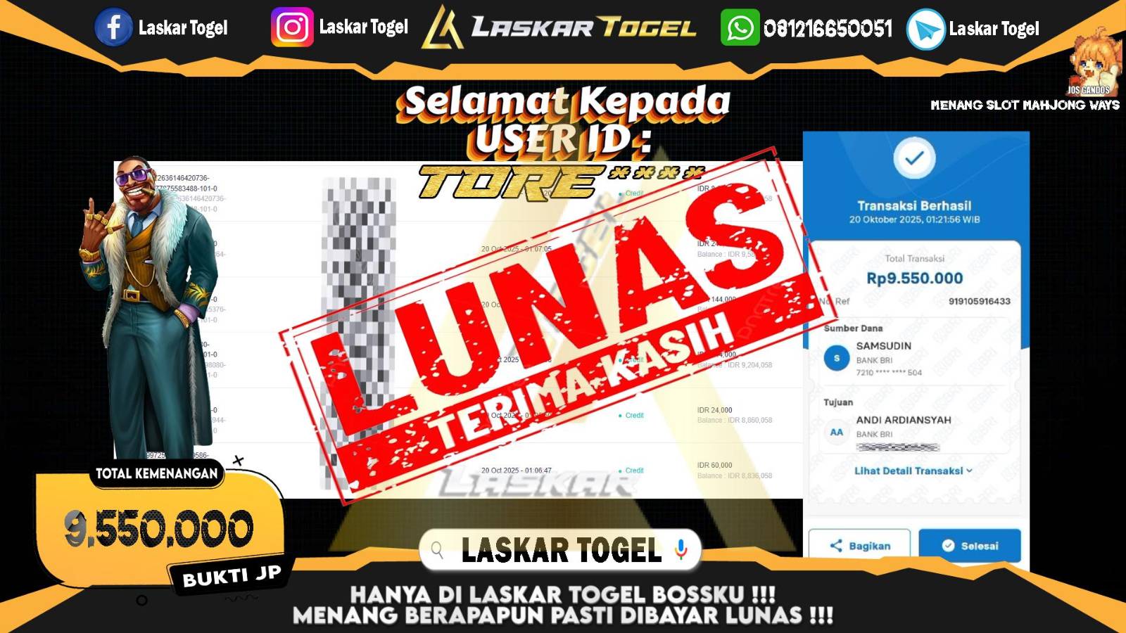 LASKARTOGEL JACKPOT SLOT MAHJONG WAYS Rp.9.550.000,- LUNAS