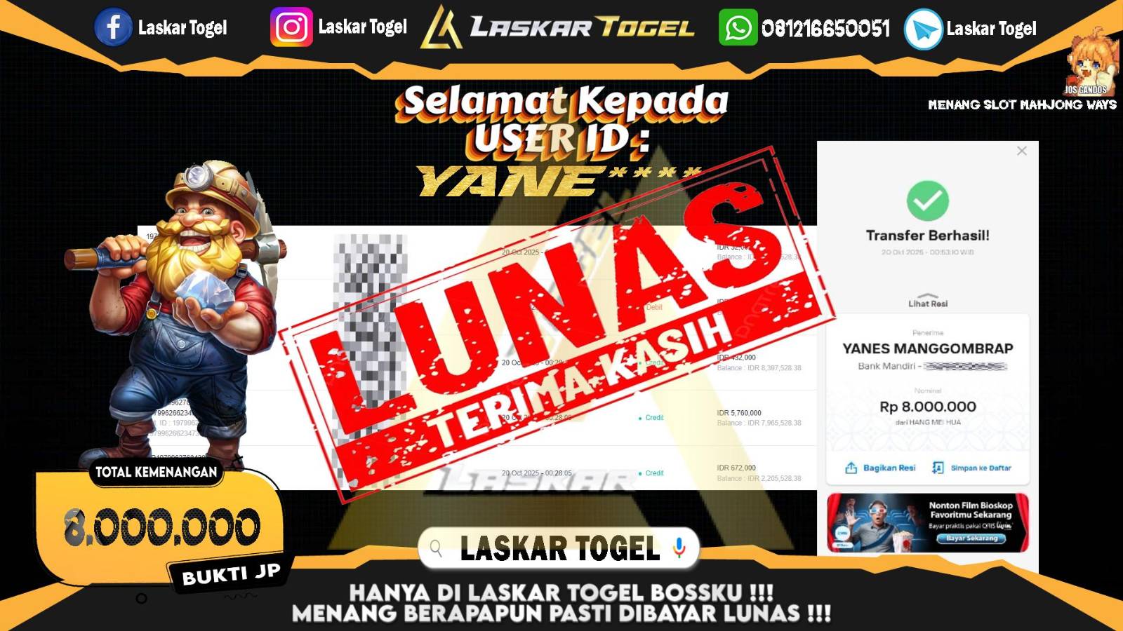 LASKARTOGEL JACKPOT SLOT MAHJONG WAYS Rp.8.000.000,- LUNAS