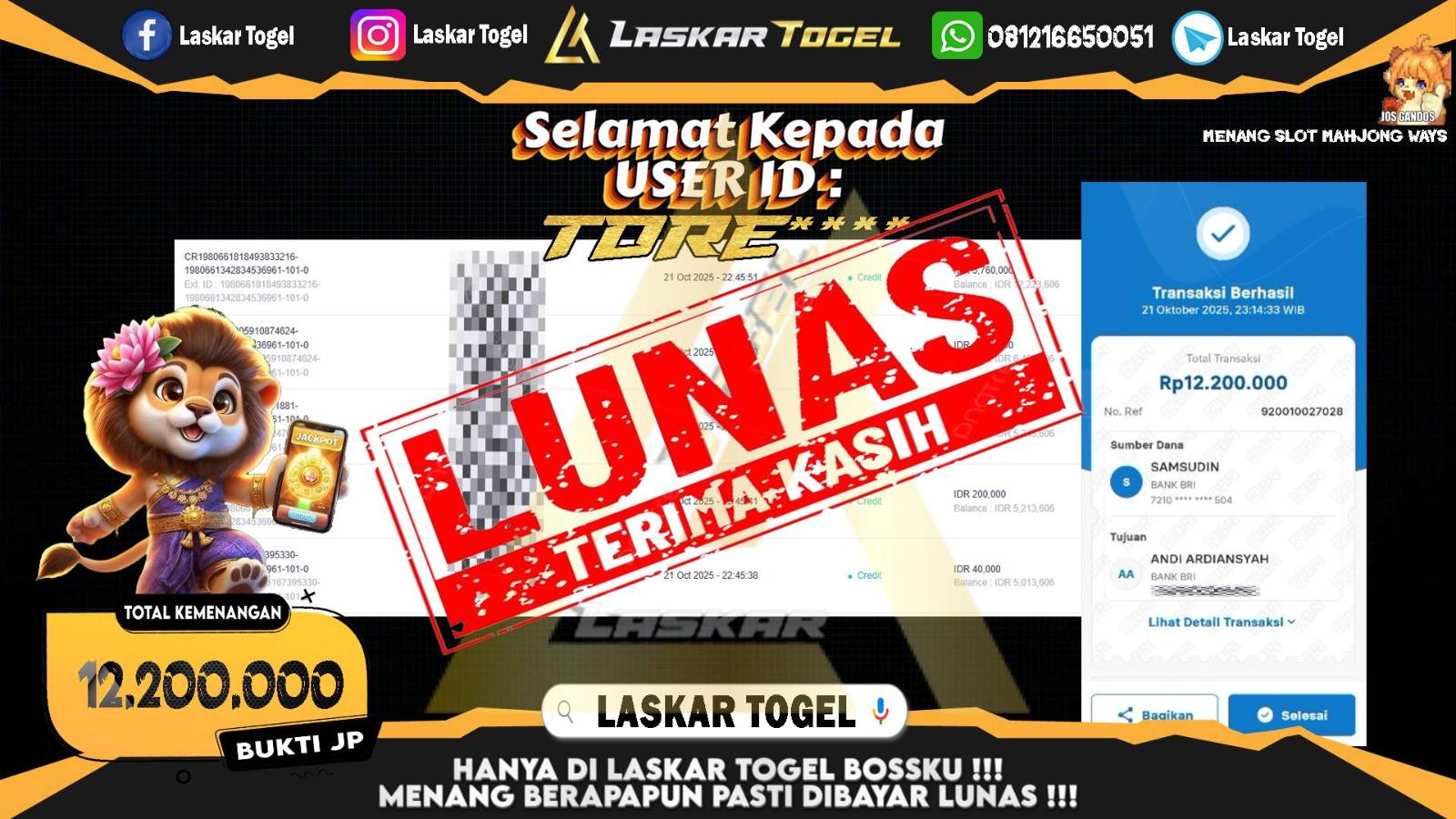 LASKARTOGEL JACKPOT SLOT MAHJONG WAYS Rp.12.200.000,- LUNAS