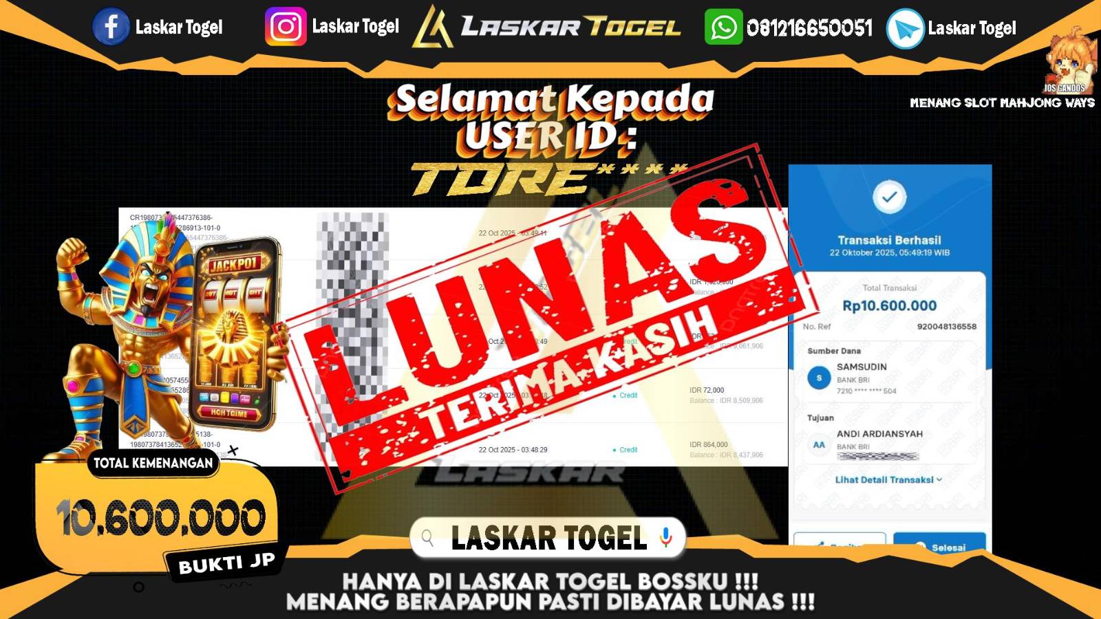 LASKARTOGEL JACKPOT SLOT MAHJONG WAYS Rp.10.600.000,- LUNAS