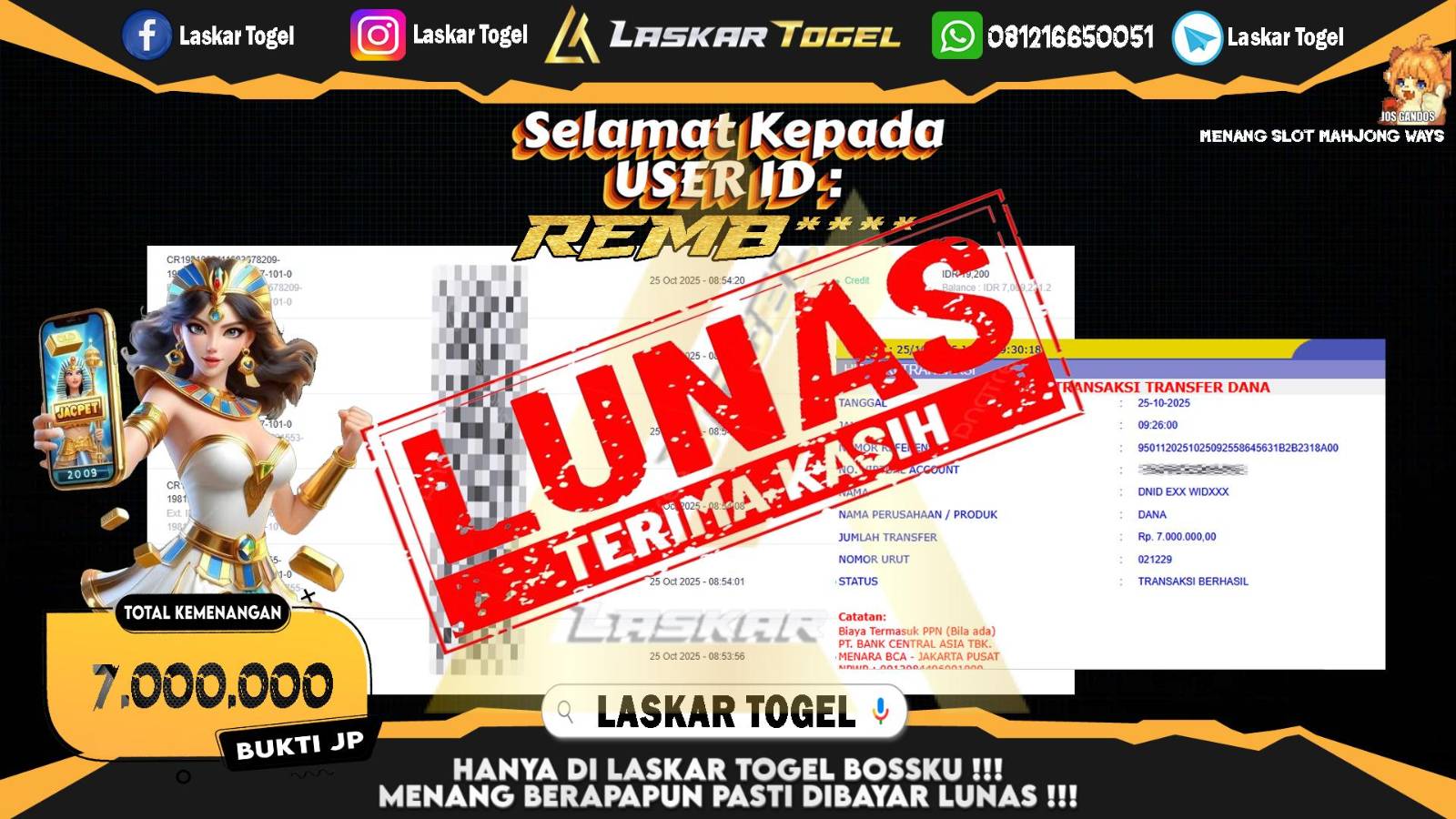 LASKARTOGEL JACKPOT SLOT MAHJONG WAYS Rp.7.000.000,- LUNAS