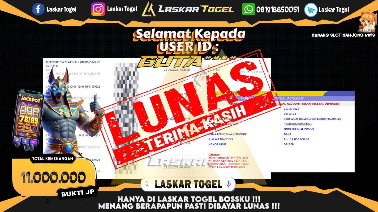 LASKARTOGEL JACKPOT SLOT MAHJONG WAYS Rp.11.000.000,- LUNAS