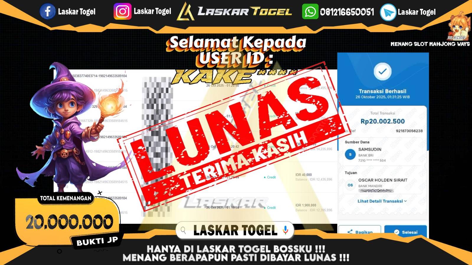 LASKARTOGEL JACKPOT SLOT MAHJONG WAYS Rp.20.000.000,- LUNAS