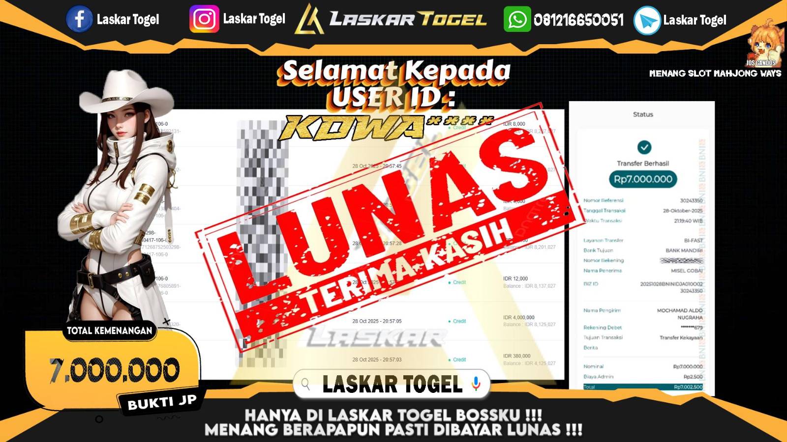 LASKARTOGEL JACKPOT SLOT MAHJONG WAYS Rp.7.000.000,- LUNAS,- LUNAS