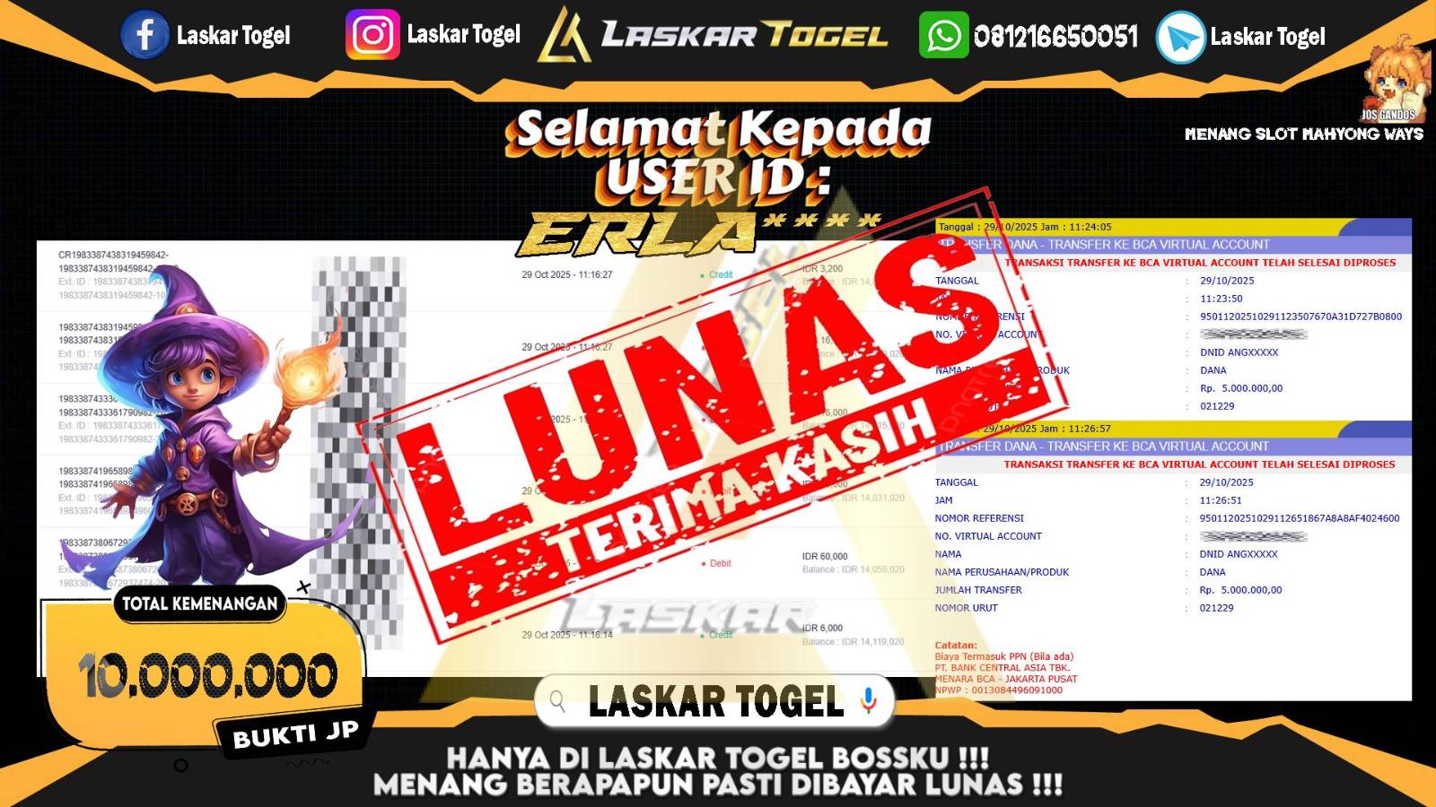 LASKARTOGEL JACKPOT SLOT MAHJONG WAYS Rp.10.000.000,- LUNAS