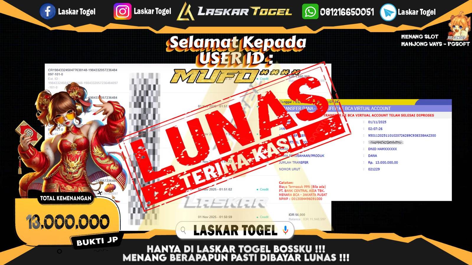 LASKARTOGEL JACKPOT SLOT MAHJONG WAYS Rp.13.000.000,- LUNAS