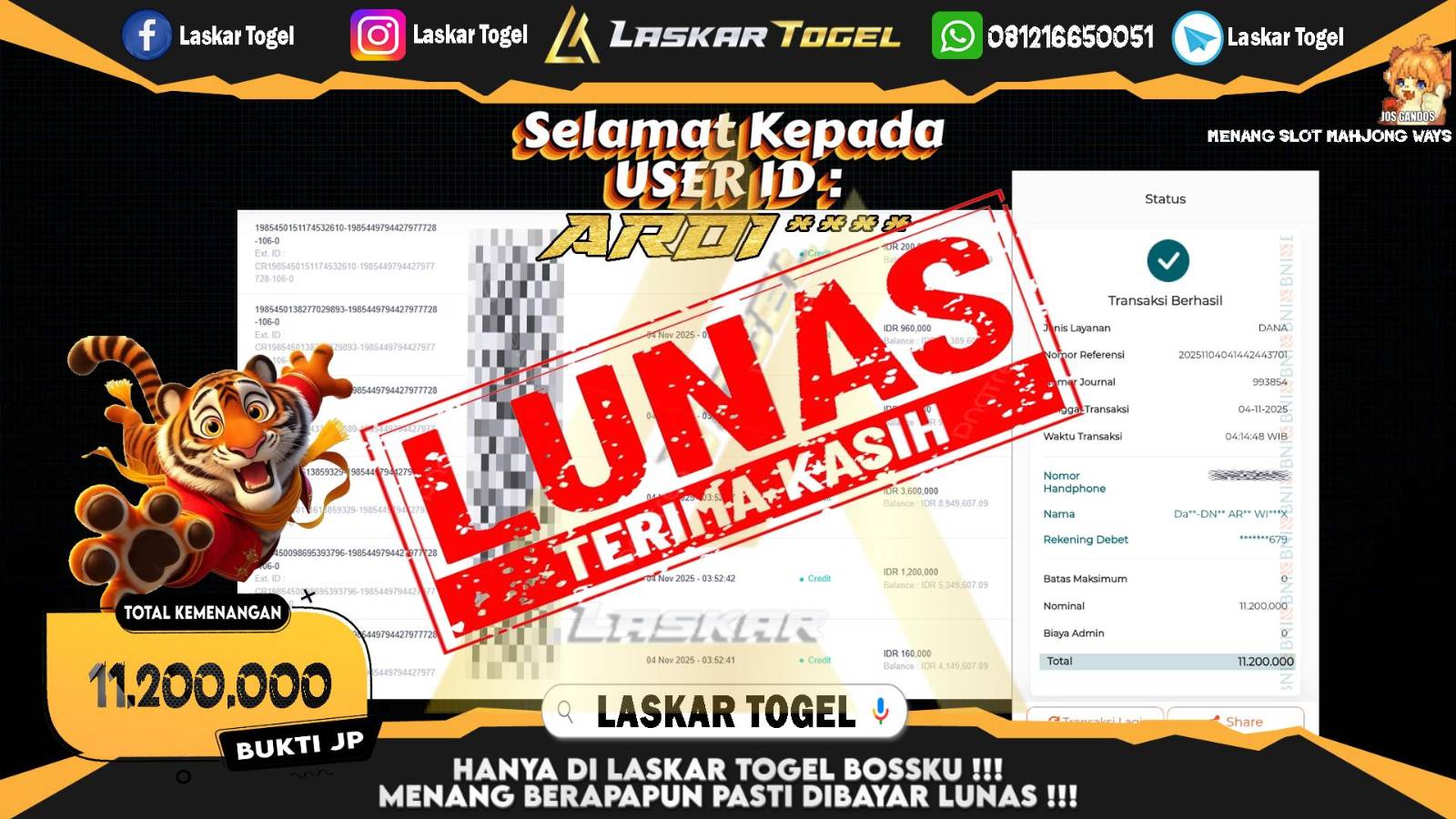 LASKARTOGEL JACKPOT SLOT MAHJONG WAYS Rp.11.200.000,- LUNAS