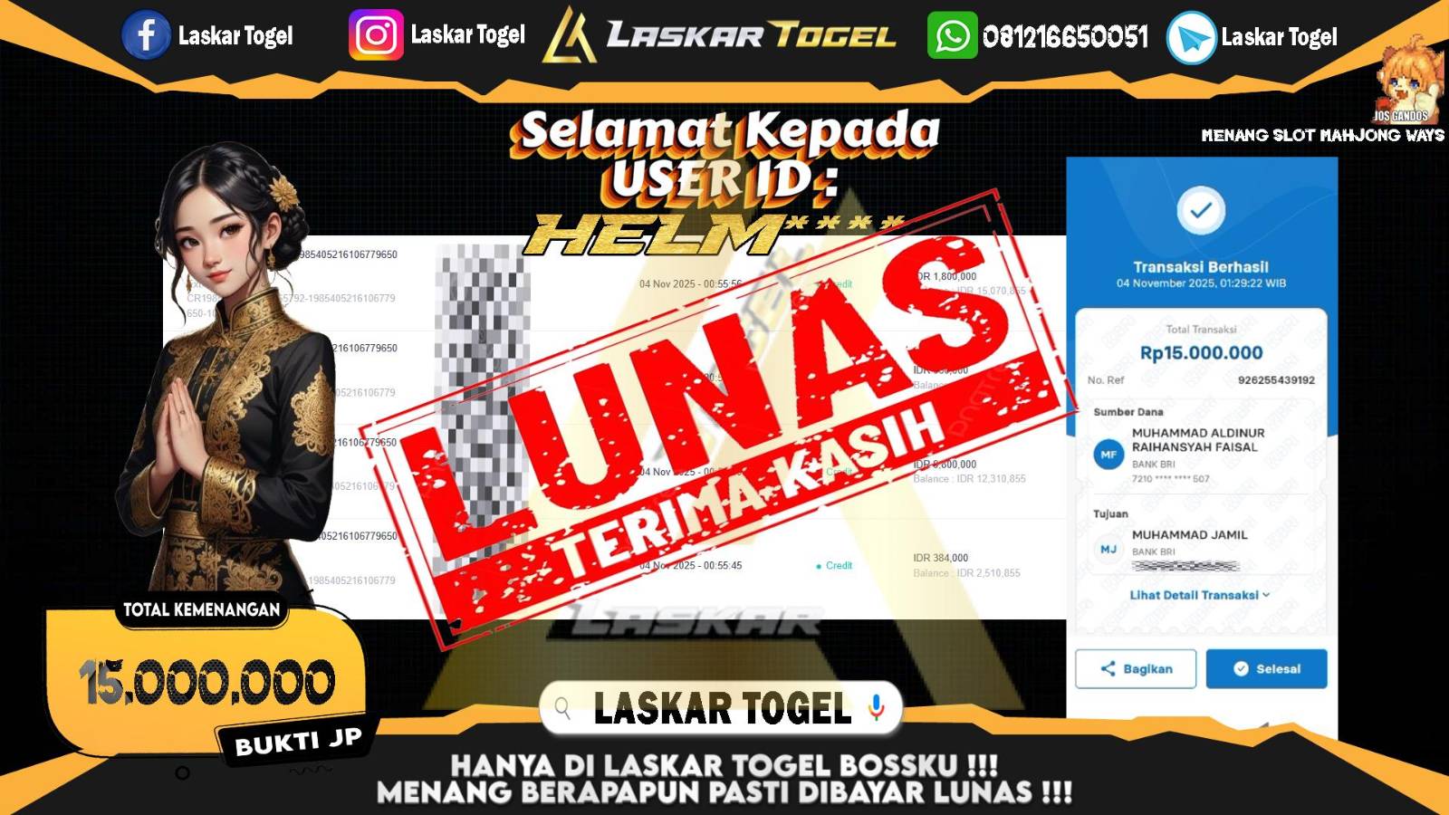 LASKARTOGEL JACKPOT SLOT MAHJONG WAYS Rp.15.000.000,- LUNAS