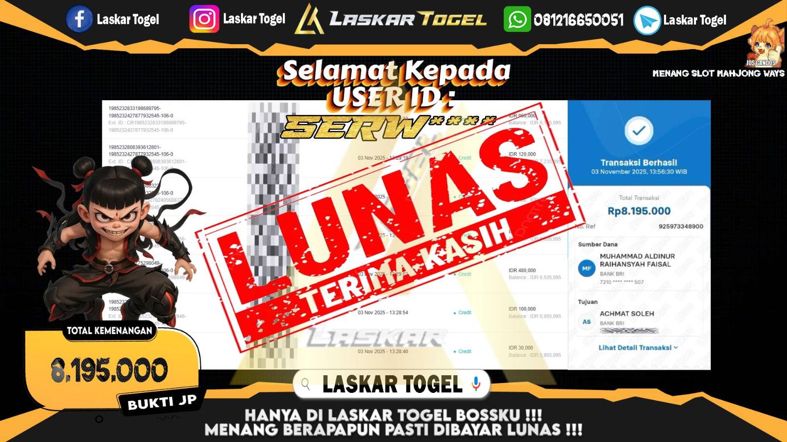 LASKARTOGEL JACKPOT SLOT MAHJONG WAYS Rp.8.195.000,- LUNAS