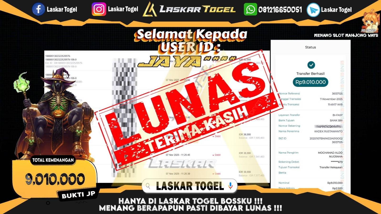 LASKARTOGEL JACKPOT SLOT MAHJONG WAYS Rp.9.010.000,- LUNAS