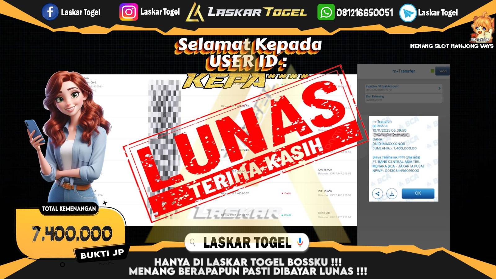 LASKARTOGEL JACKPOT SLOT MAHJONG WAYS Rp.7.400.000,- LUNAS