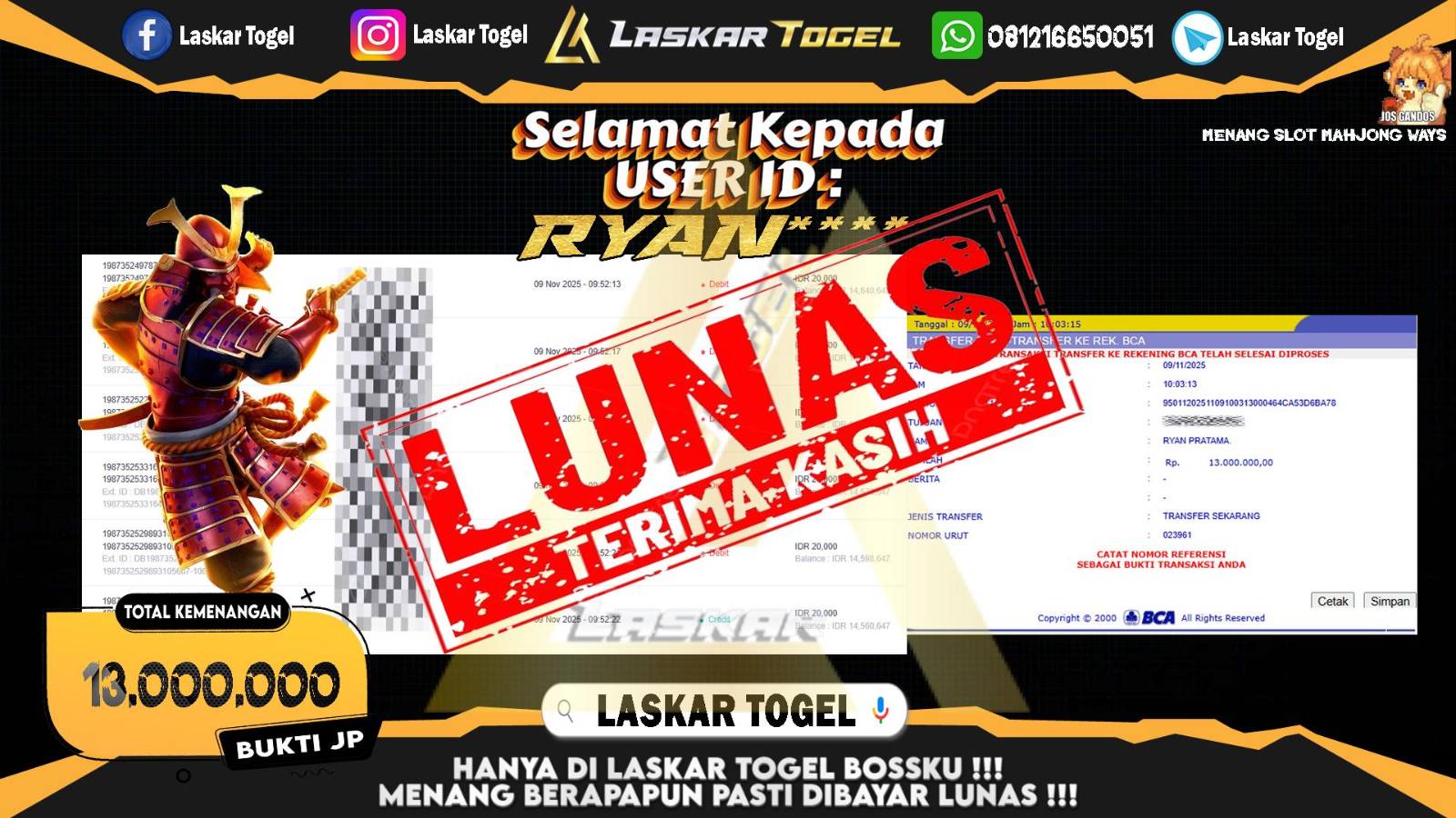 LASKARTOGEL JACKPOT SLOT MAHJONG WAYS Rp.13.000.000,- LUNAS