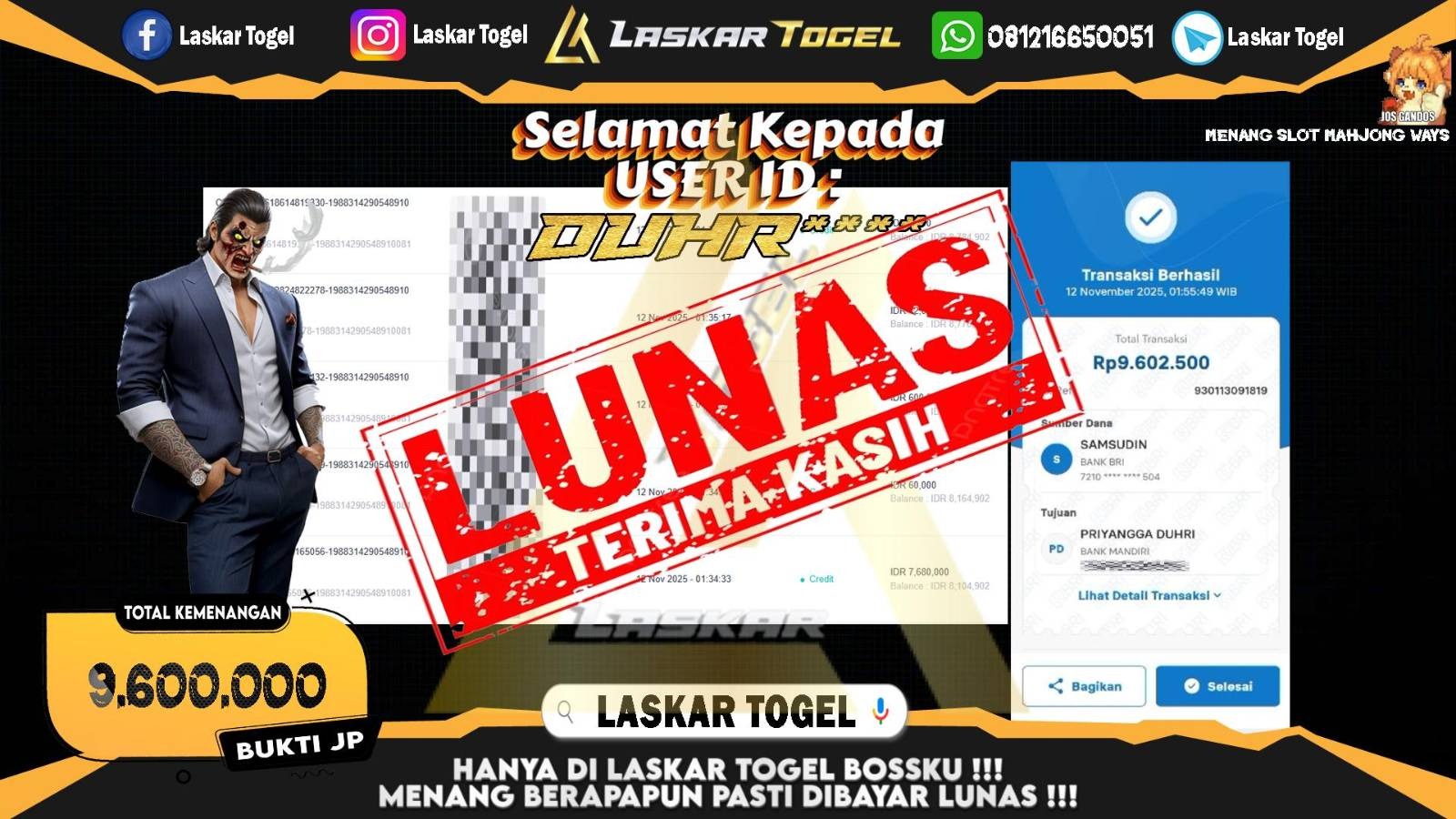 LASKARTOGEL JACKPOT SLOT MAHJONG WAYS Rp.9.600.000,- LUNAS