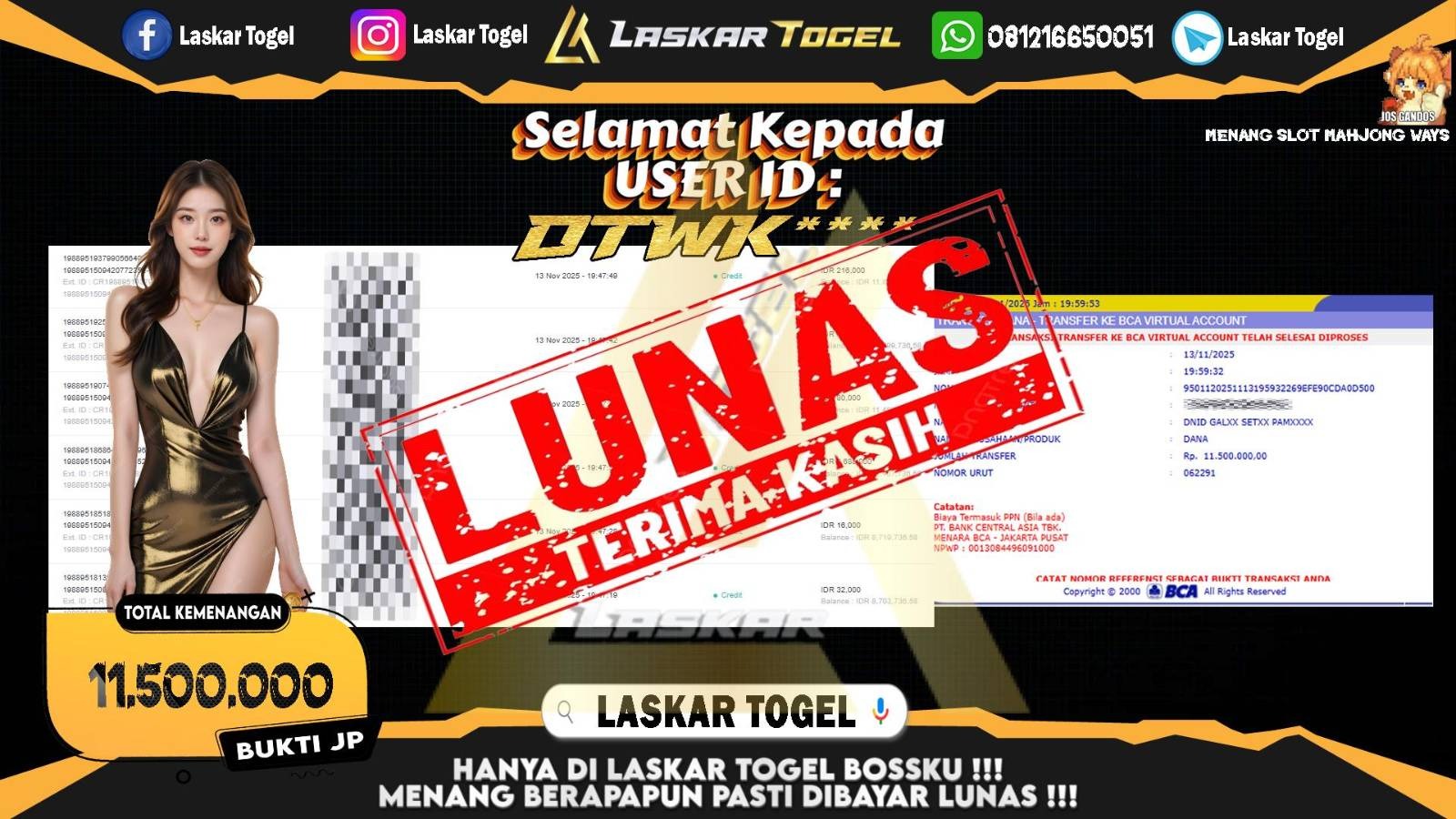 LASKARTOGEL JACKPOT SLOT MAHJONG WAYS Rp.11.500.000,- LUNAS