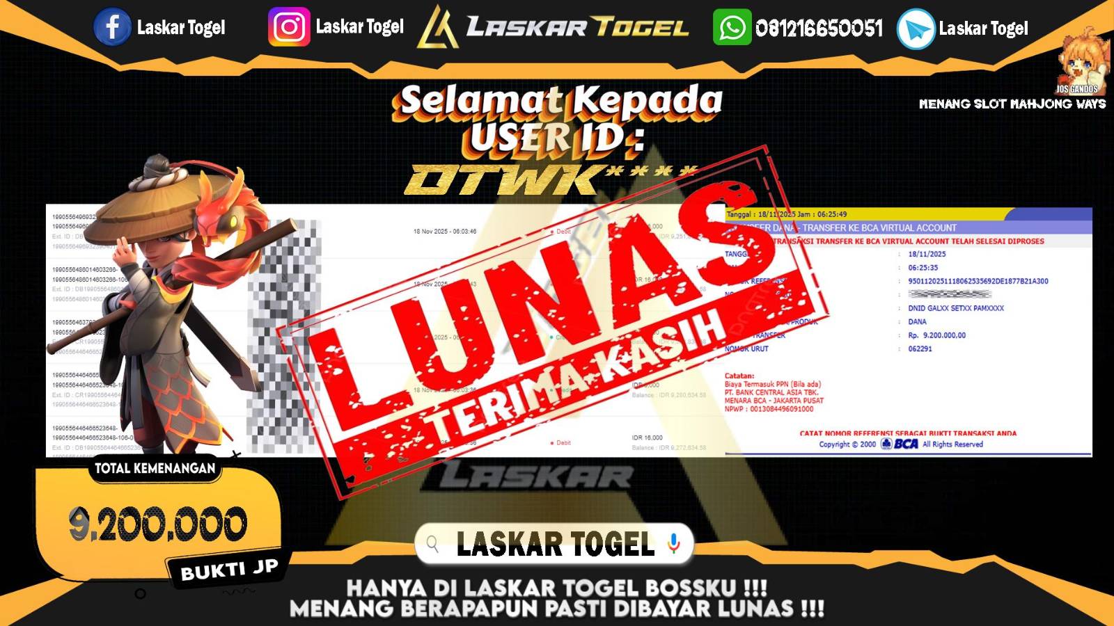 LASKARTOGEL JACKPOT SLOT MAHJONG WAYS Rp.9.200.000,- LUNAS