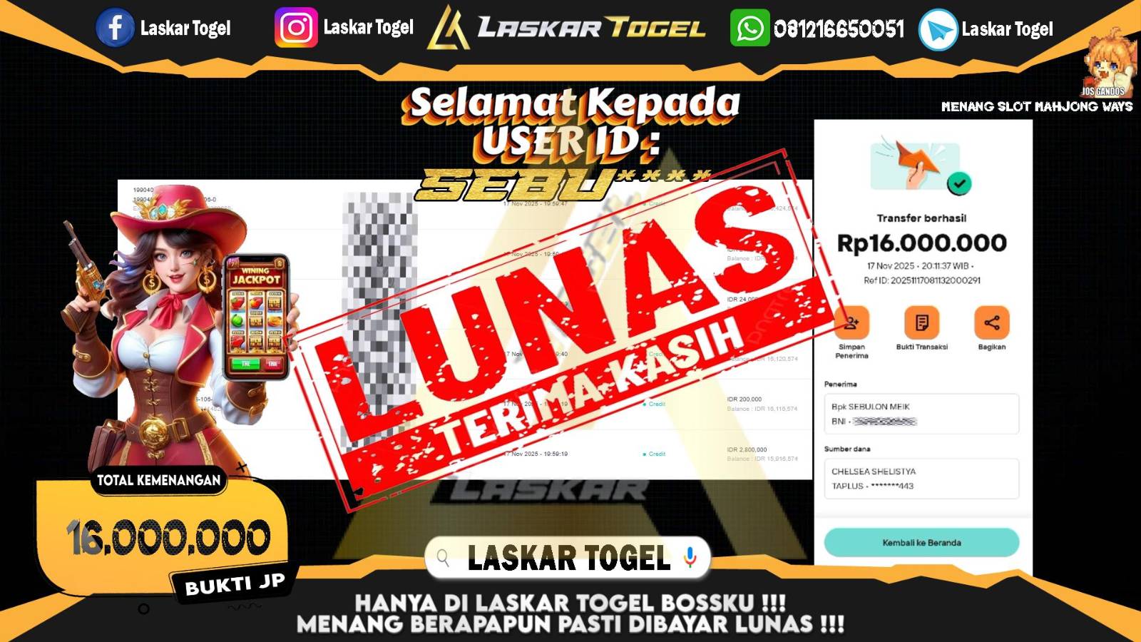LASKARTOGEL JACKPOT SLOT MAHJONG WAYS Rp.16.000.000,- LUNAS