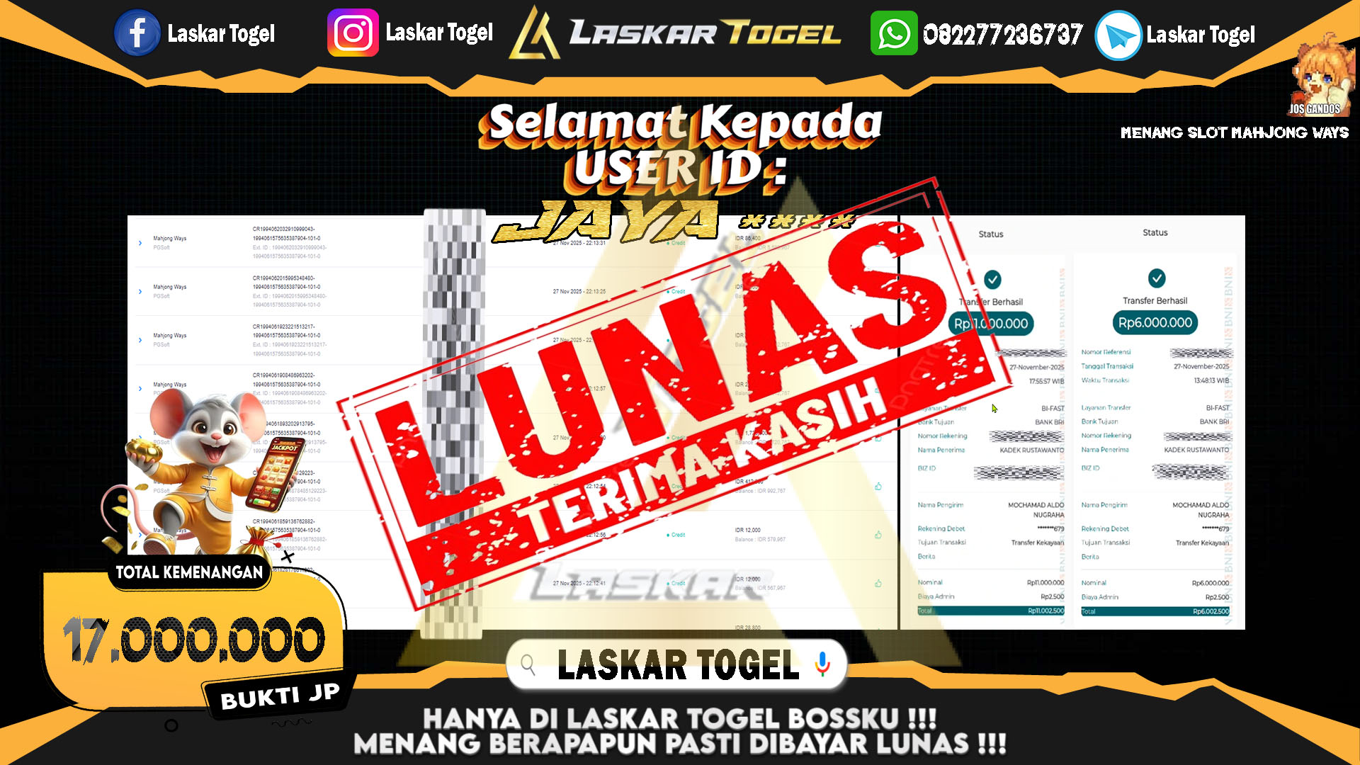 LASKARTOGEL JACKPOT SLOT MAHJONG WAYS Rp.17.000.000,- LUNAS