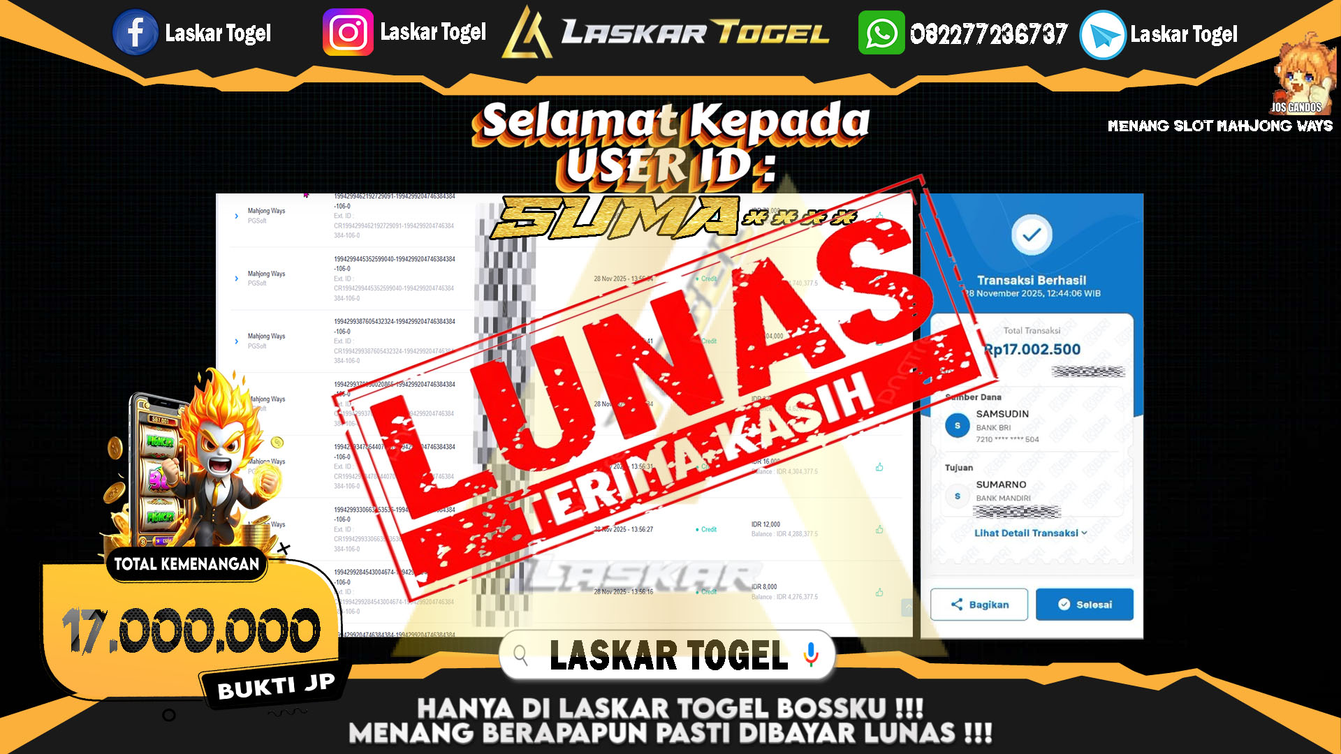 LASKARTOGEL JACKPOT SLOT MAHJONG WAYS Rp.17.000.000,- LUNAS