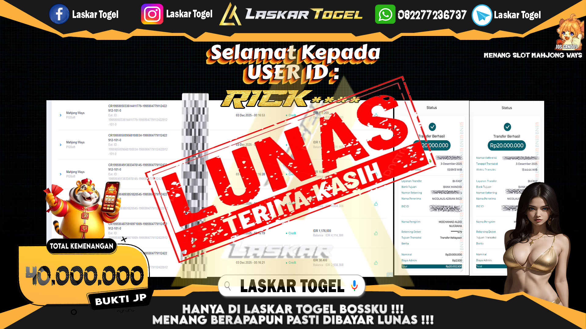 LASKARTOGEL JACKPOT SLOT MAHJONG WAYS Rp.40.000.000,- LUNAS