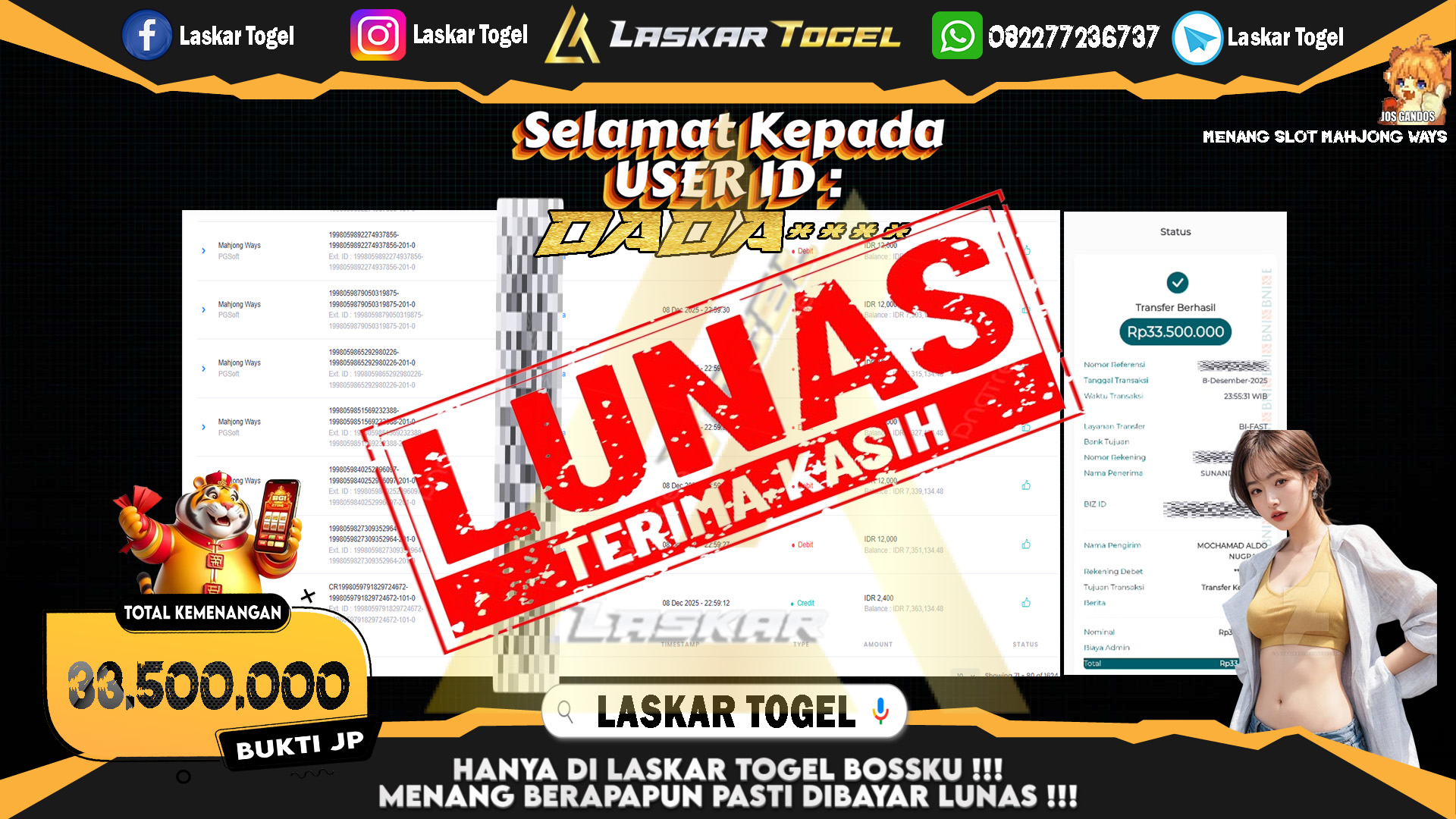 LASKARTOGEL JACKPOT SLOT MAHJONG WAYS Rp.33.500.000,- LUNAS