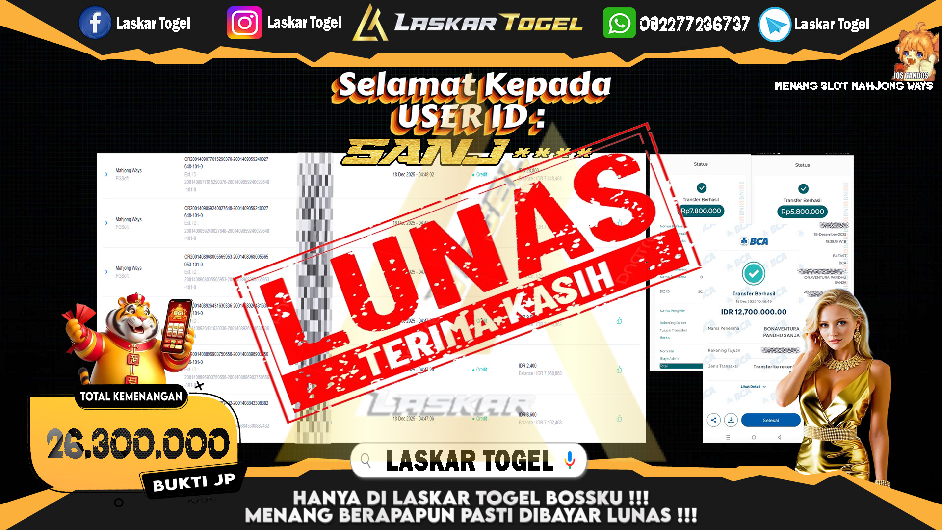 LASKARTOGEL JACKPOT SLOT MAHJONG WAYS Rp.26.300.000,- LUNAS