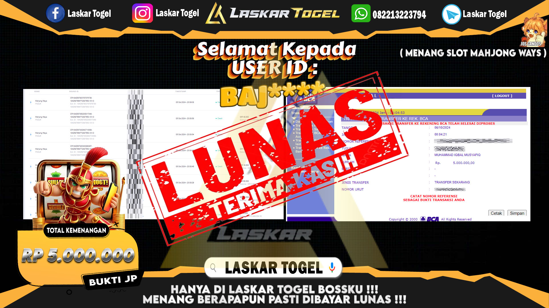 LASKARTOGEL JACKPOT SLOT MAHJONG WAYS Rp.5.000.000.,- LUNAS