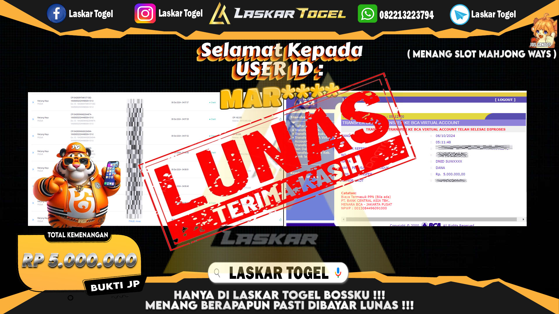 LASKARTOGEL JACKPOT SLOT MAHJONG WAYS Rp.5.000.000.,- LUNAS