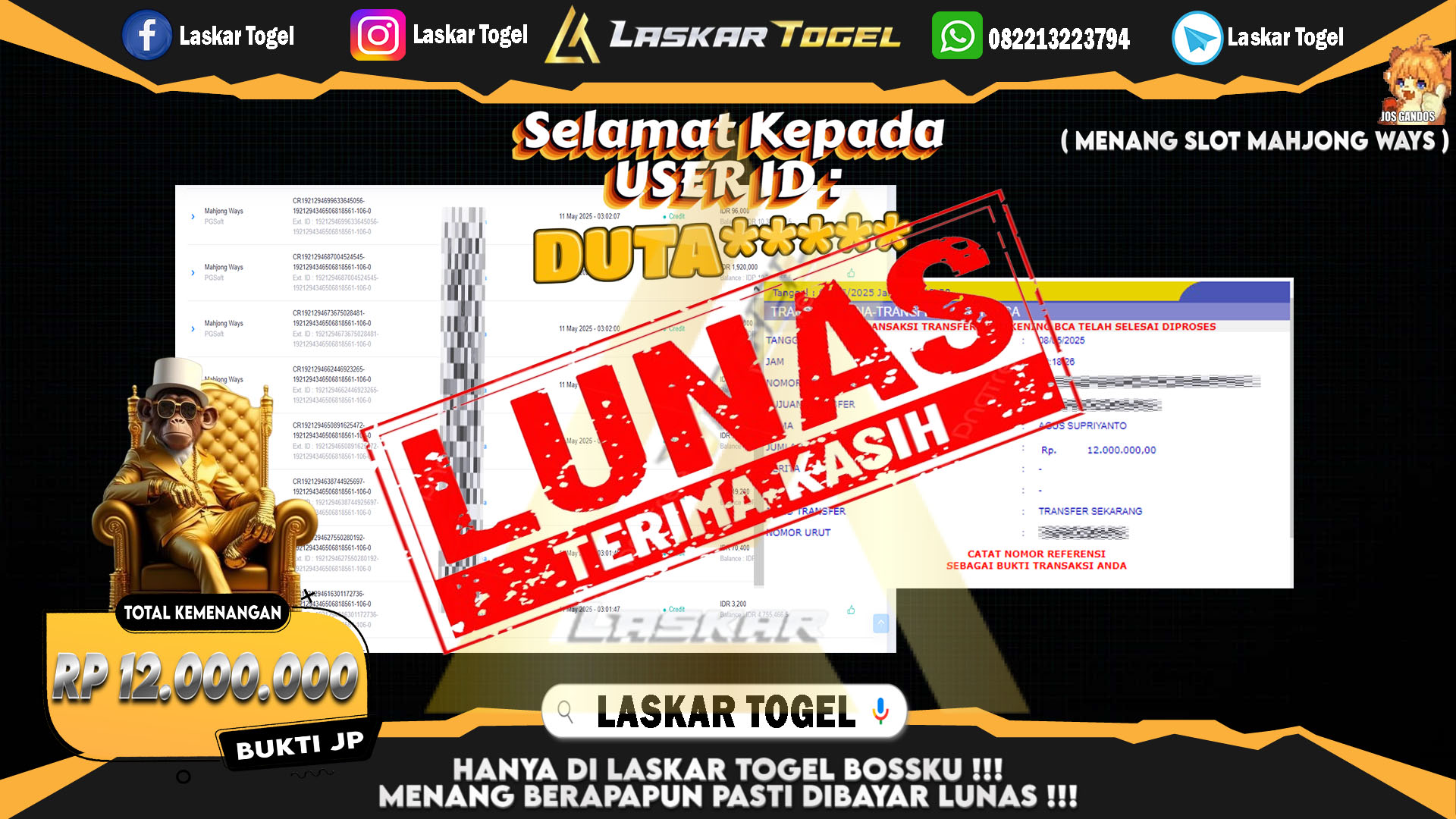 LASKARTOGEL JACKPOT SLOT MAHJONG WAYS Rp.12.000.000.,- LUNAS