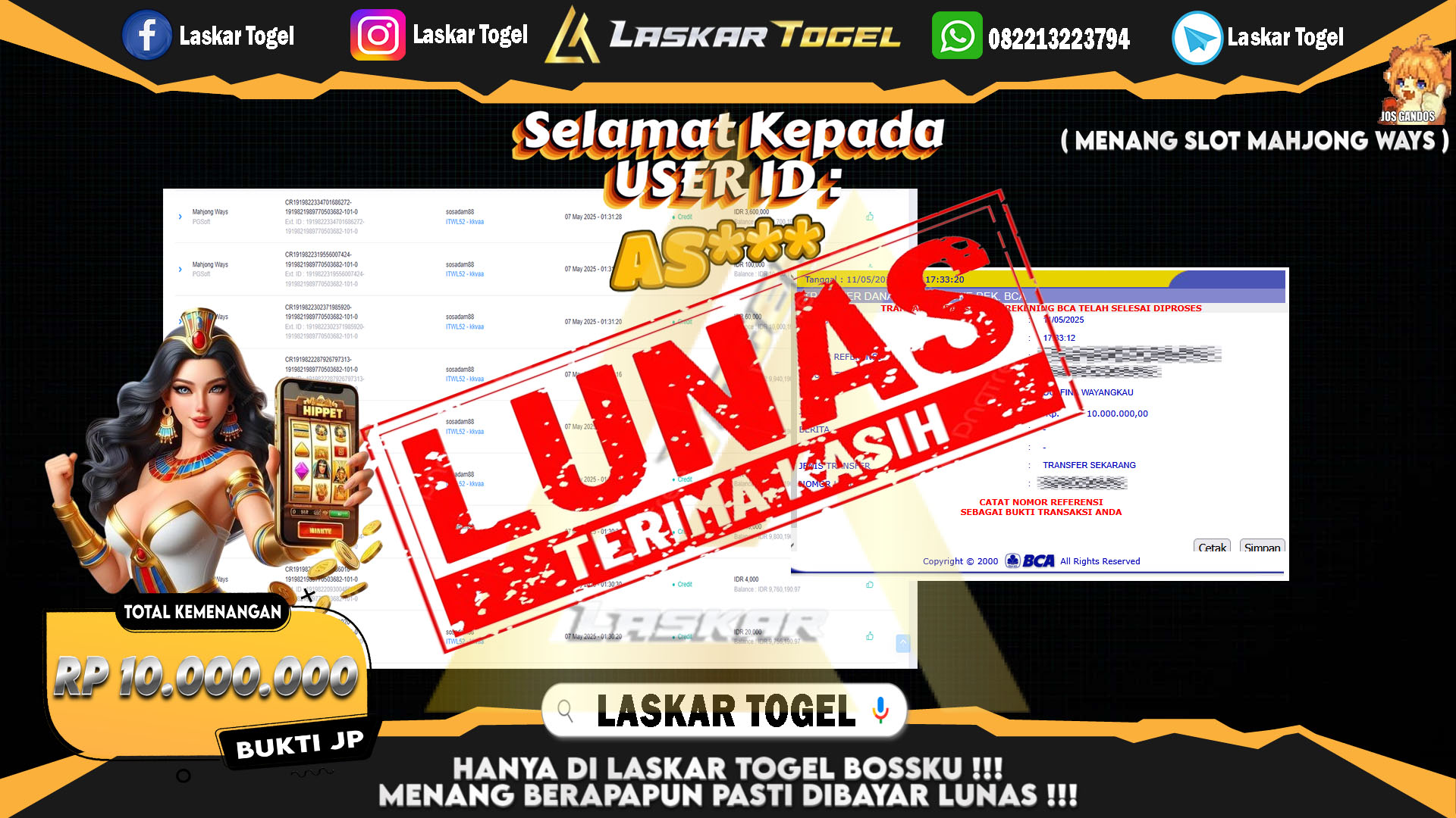 LASKARTOGEL JACKPOT SLOT MAHJONG WAYS Rp.10.000.000.,- LUNAS