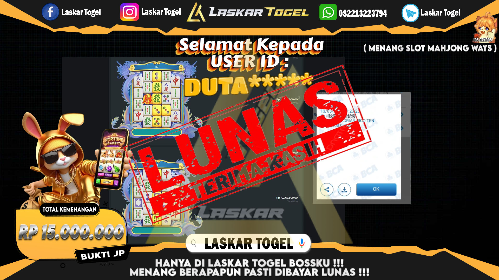 LASKARTOGEL JACKPOT SLOT MAHJONG WAYS Rp.15.000.000.,- LUNAS