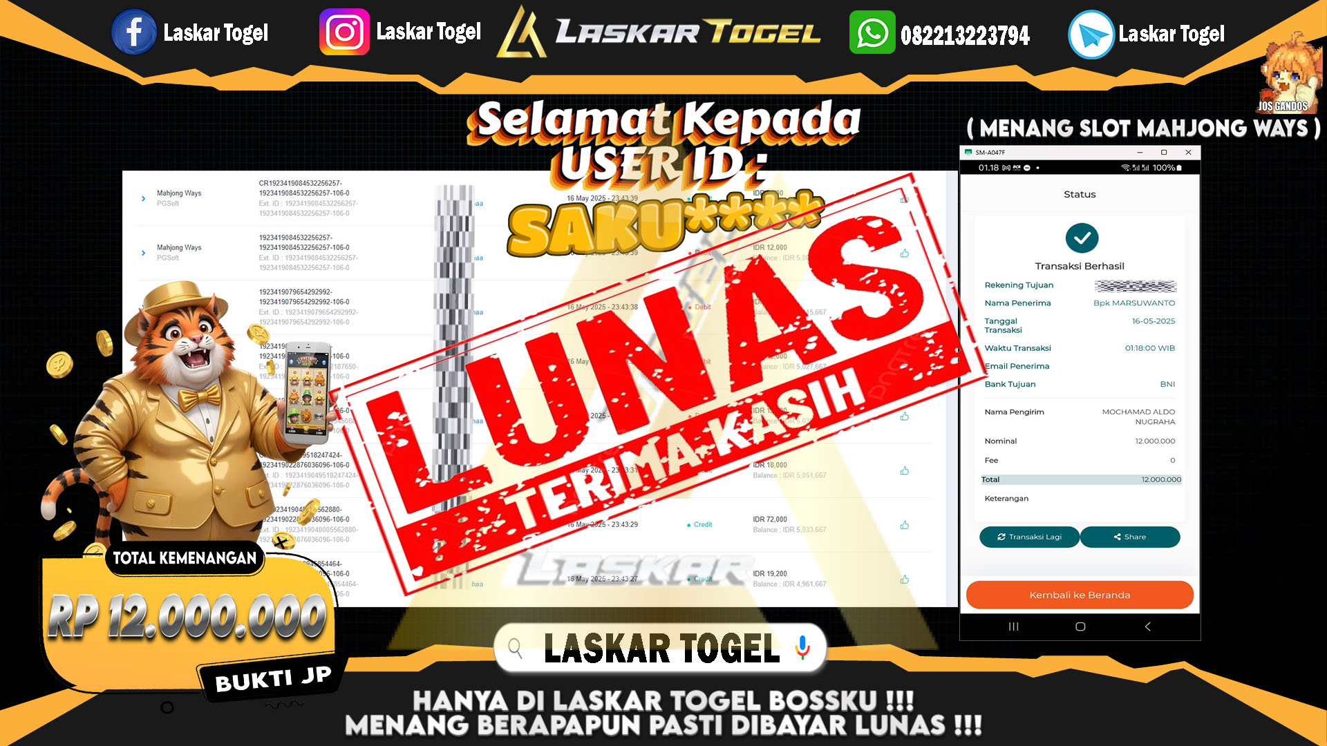 LASKARTOGEL JACKPOT SLOT MAHJONG WAYS Rp.12.000.000.,- LUNAS