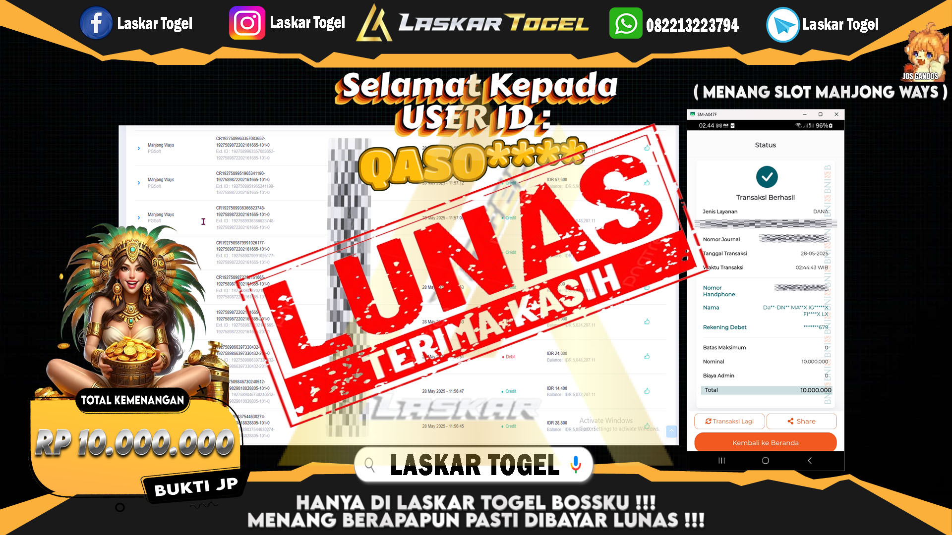 LASKARTOGEL JACKPOT SLOT MAHJONG WAYS Rp.10.000.000.,- LUNAS