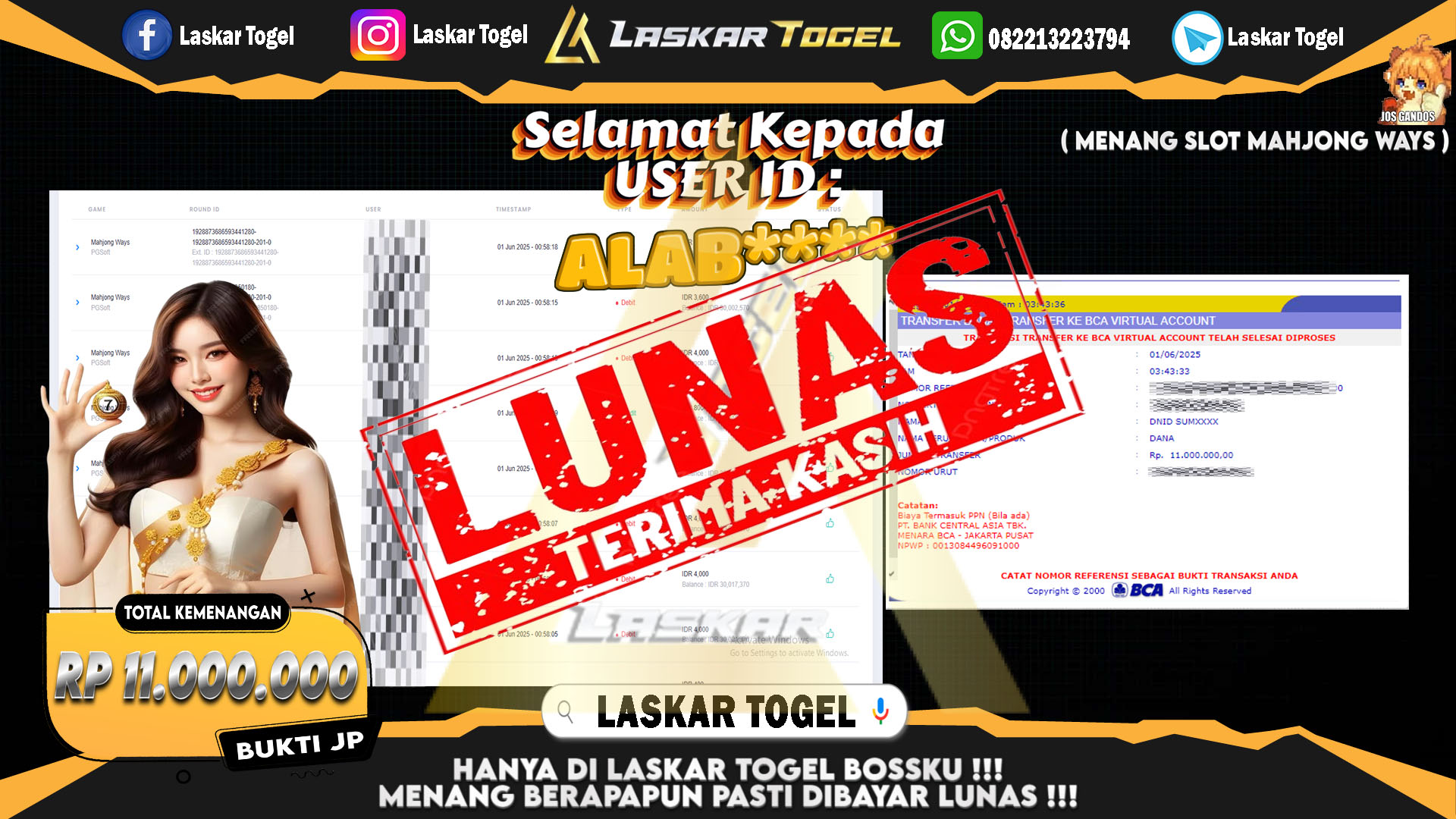 LASKARTOGEL JACKPOT SLOT MAHJONG WAYS Rp.11.000.000.,- LUNAS