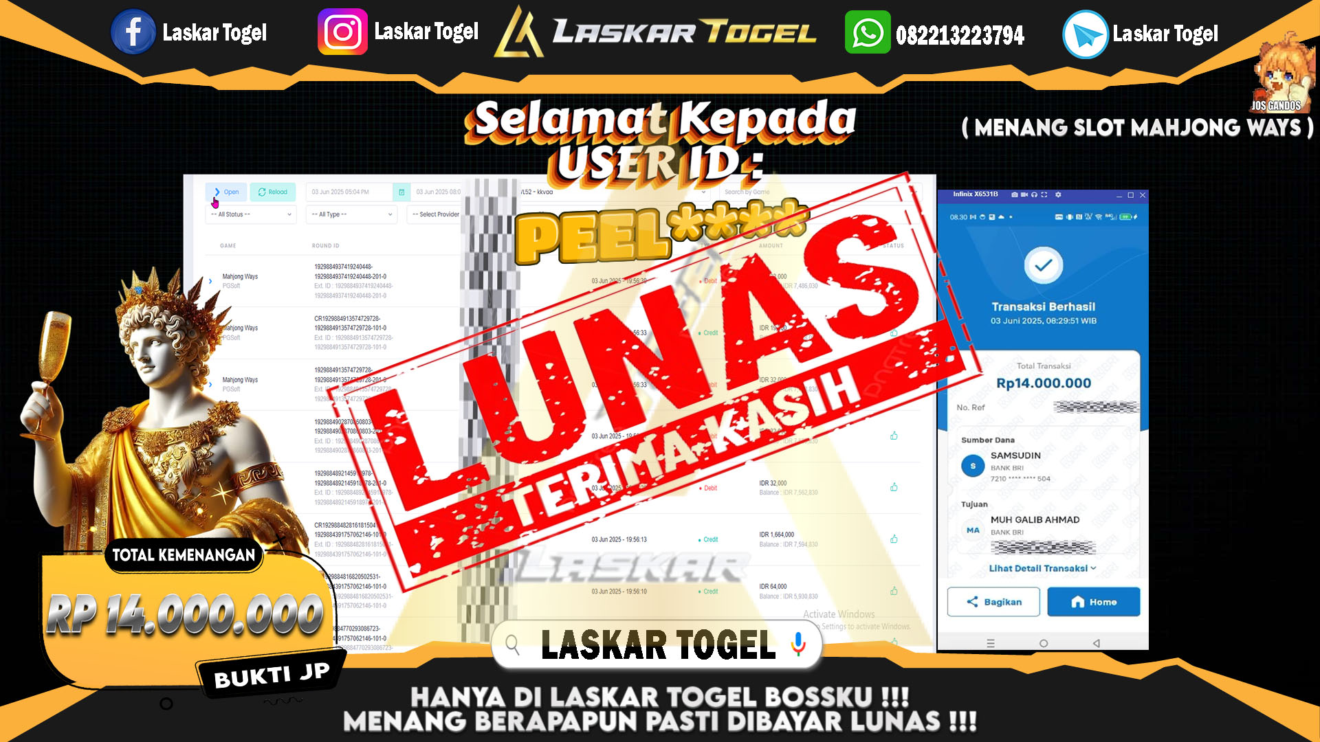 LASKARTOGEL JACKPOT SLOT MAHJONG WAYS Rp.14.000.000.,- LUNAS