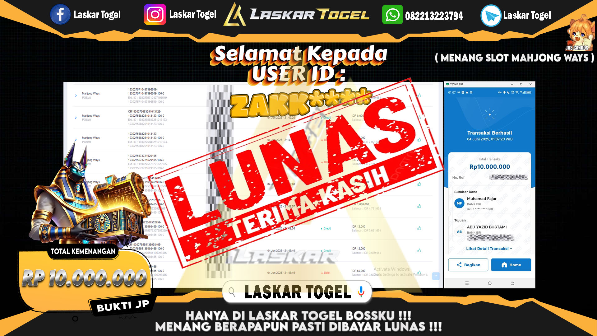 LASKARTOGEL JACKPOT SLOT MAHJONG WAYS Rp.10.000.000.,- LUNAS