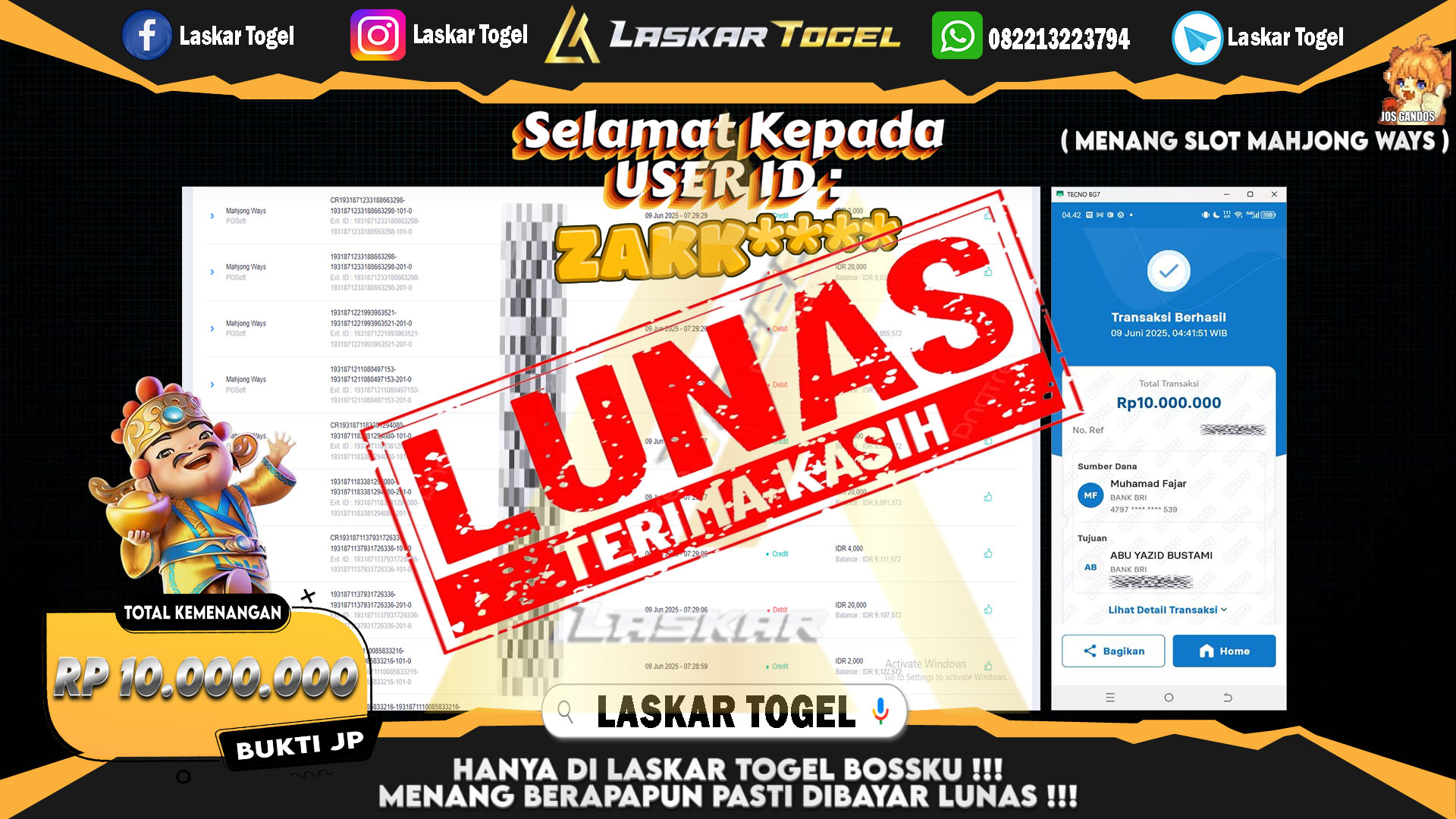LASKARTOGEL JACKPOT SLOT MAHJONG WAYS Rp.10.000.000.,- LUNAS