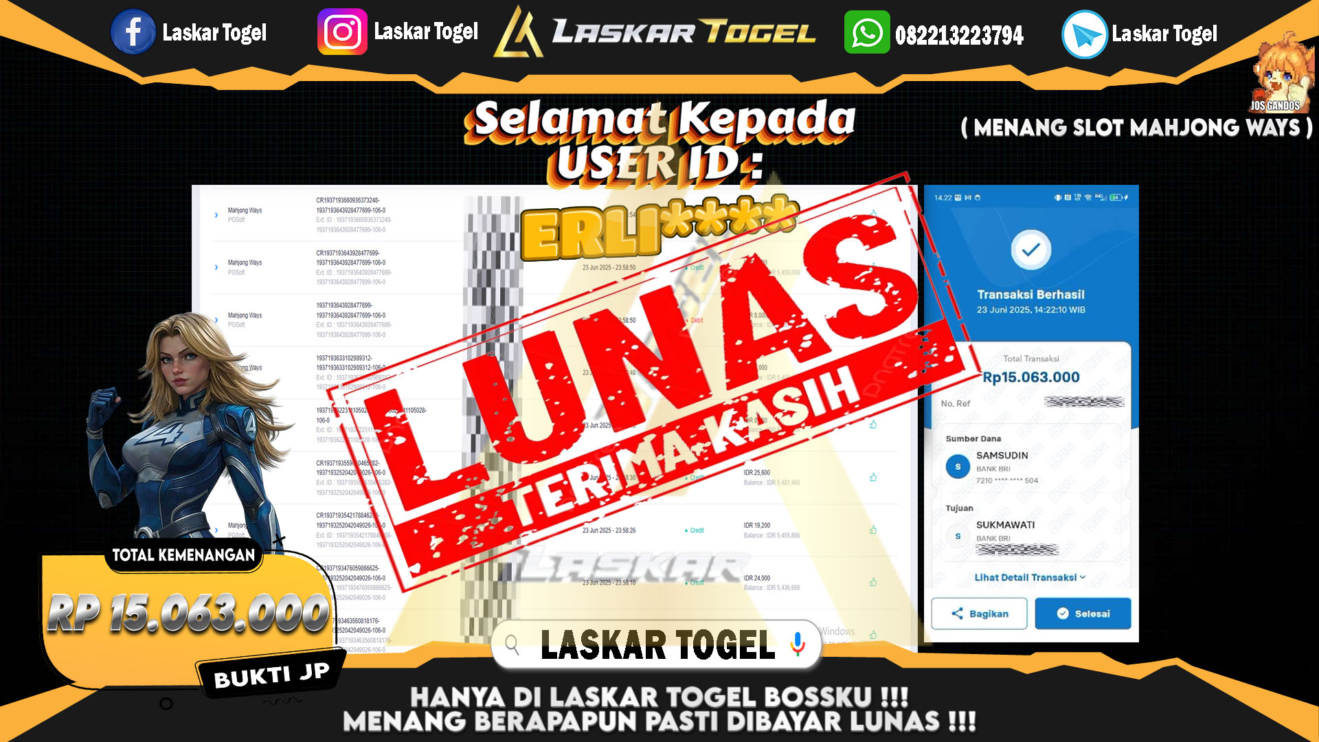 LASKARTOGEL JACKPOT SLOT MAHJONG WAYS Rp.15.063.000.,- LUNAS