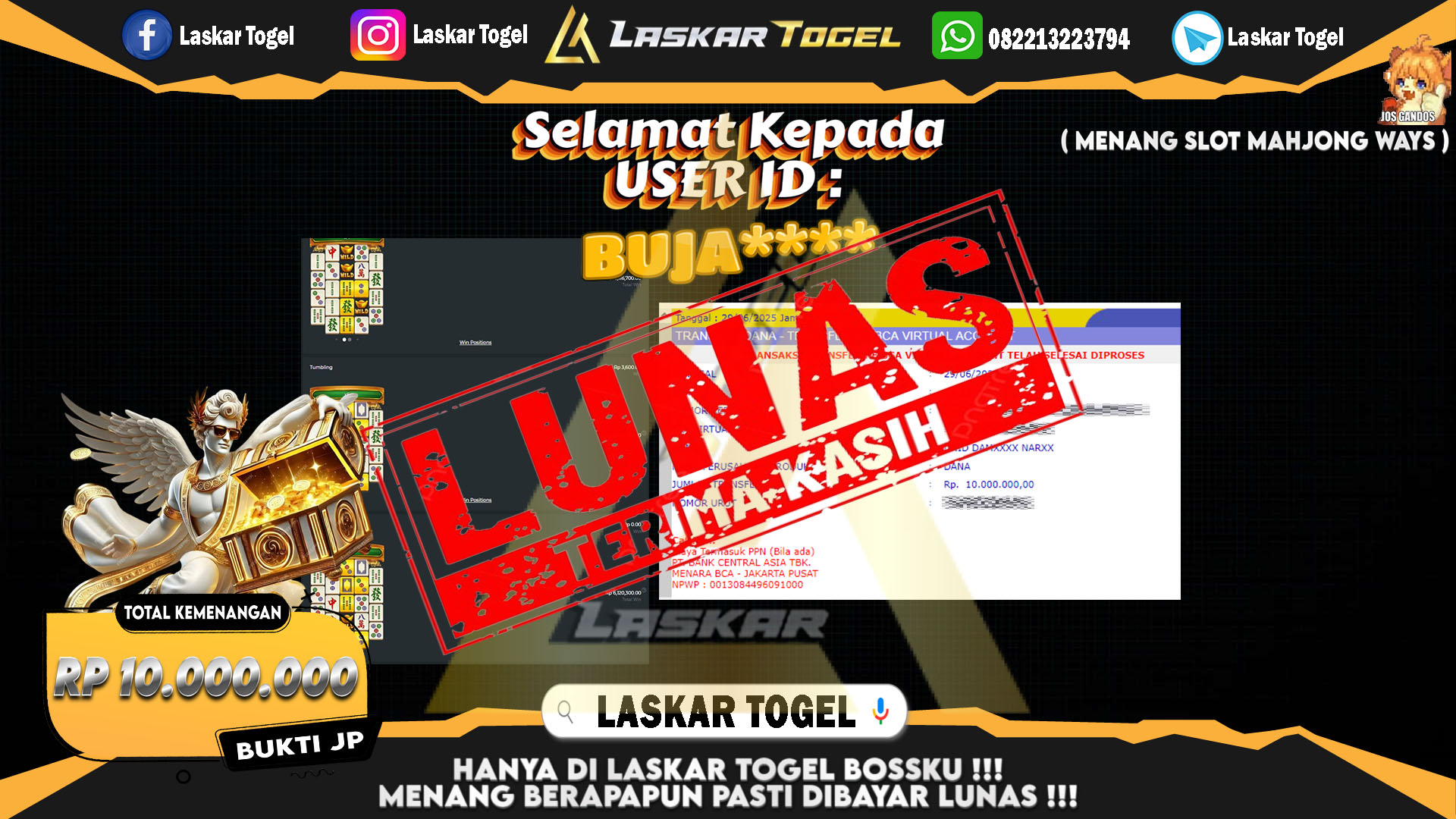 LASKARTOGEL JACKPOT SLOT MAHJONG WAYS Rp.10.000.000.,- LUNAS