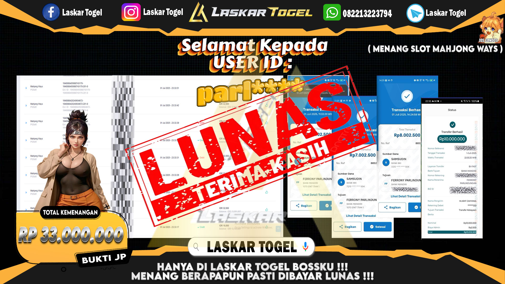 LASKARTOGEL JACKPOT SLOT MAHJONG WAYS Rp.33.000.000.,- LUNAS