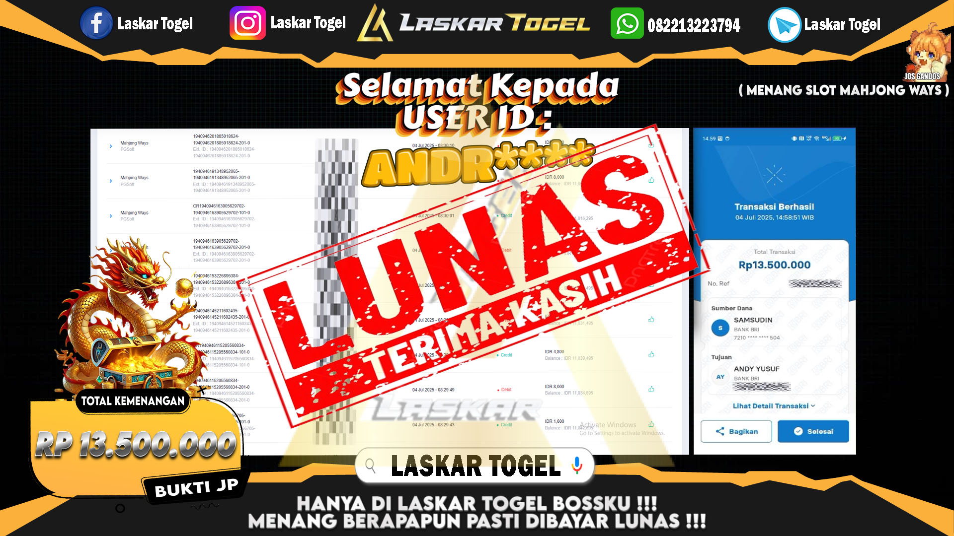 LASKARTOGEL JACKPOT SLOT MAHJONG WAYS Rp.13.500.000.,- LUNAS