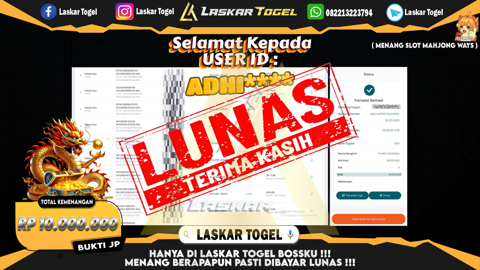 LASKARTOGEL JACKPOT SLOT MAHJONG WAYS Rp.10.000.000.,- LUNAS