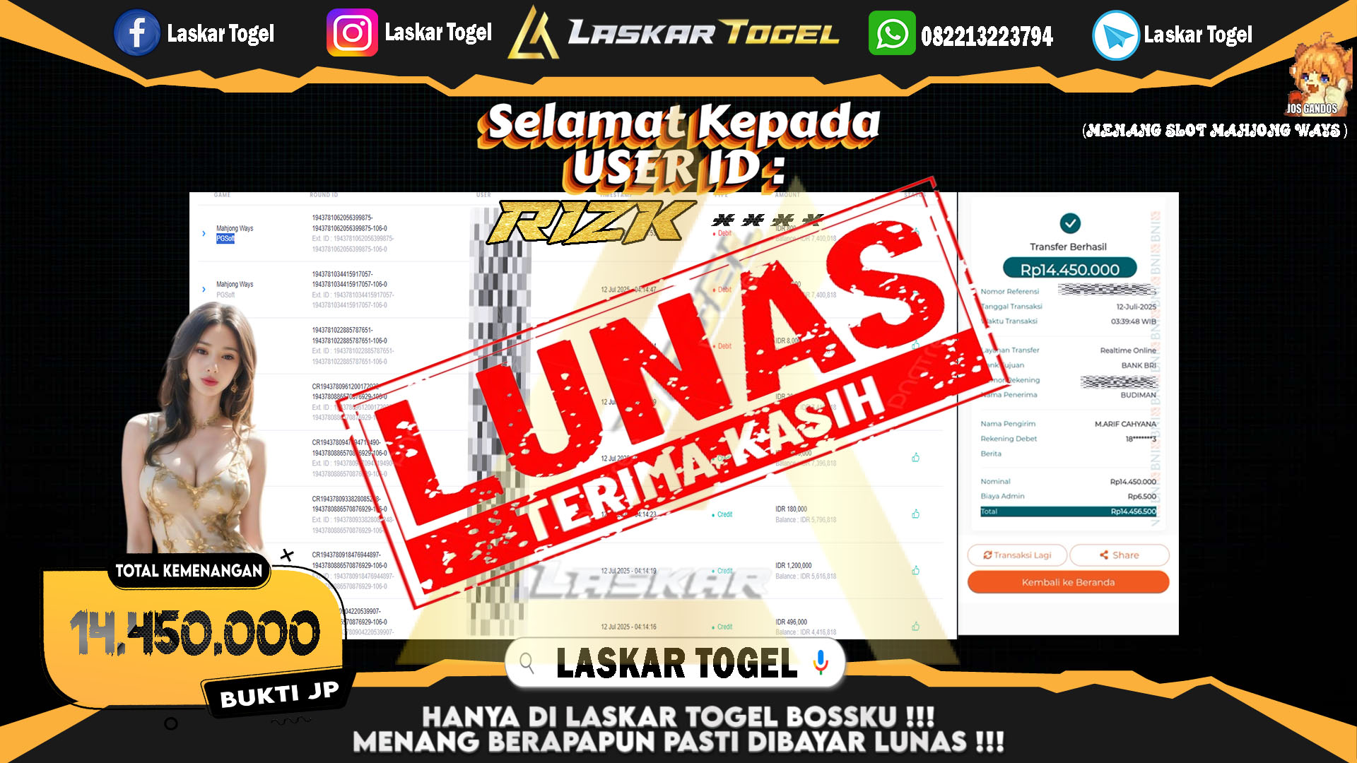 LASKARTOGEL JACKPOT SLOT MAHJONG WAYS Rp.14.450.000.,- LUNAS